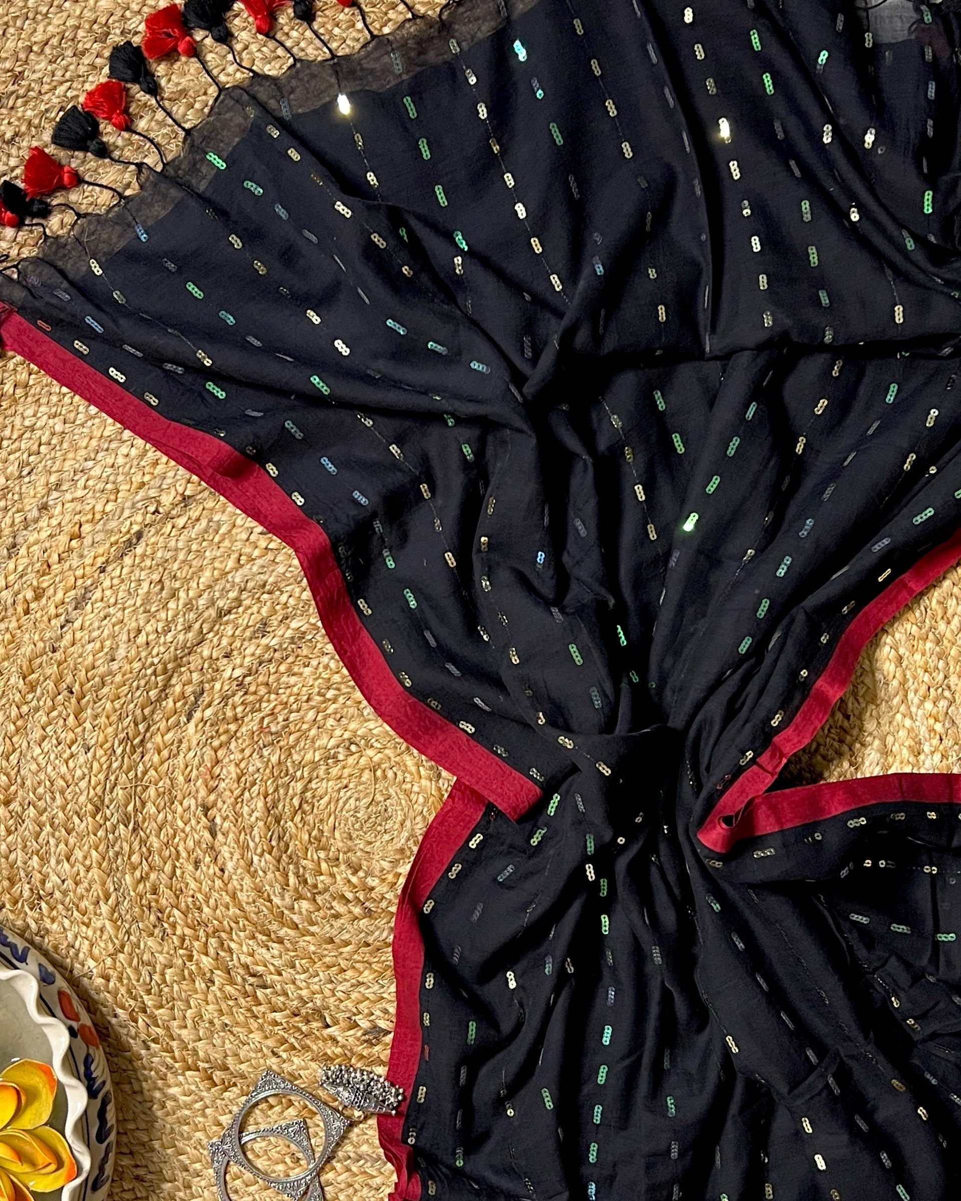 Black Sparkle Sequins Embellished Mulmul Cotton Designer Saree by Shop AaMe