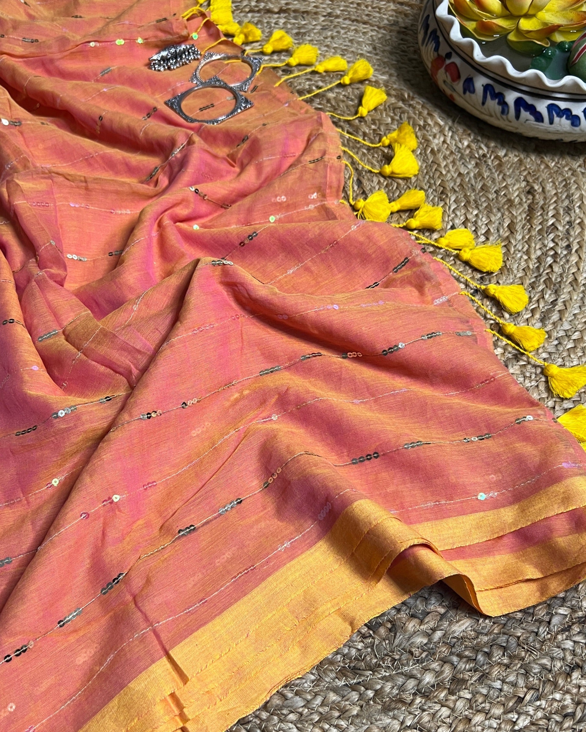 Peachy Sparkle Sequins Embellished Mulmul Cotton Designer Saree by Shop Aame