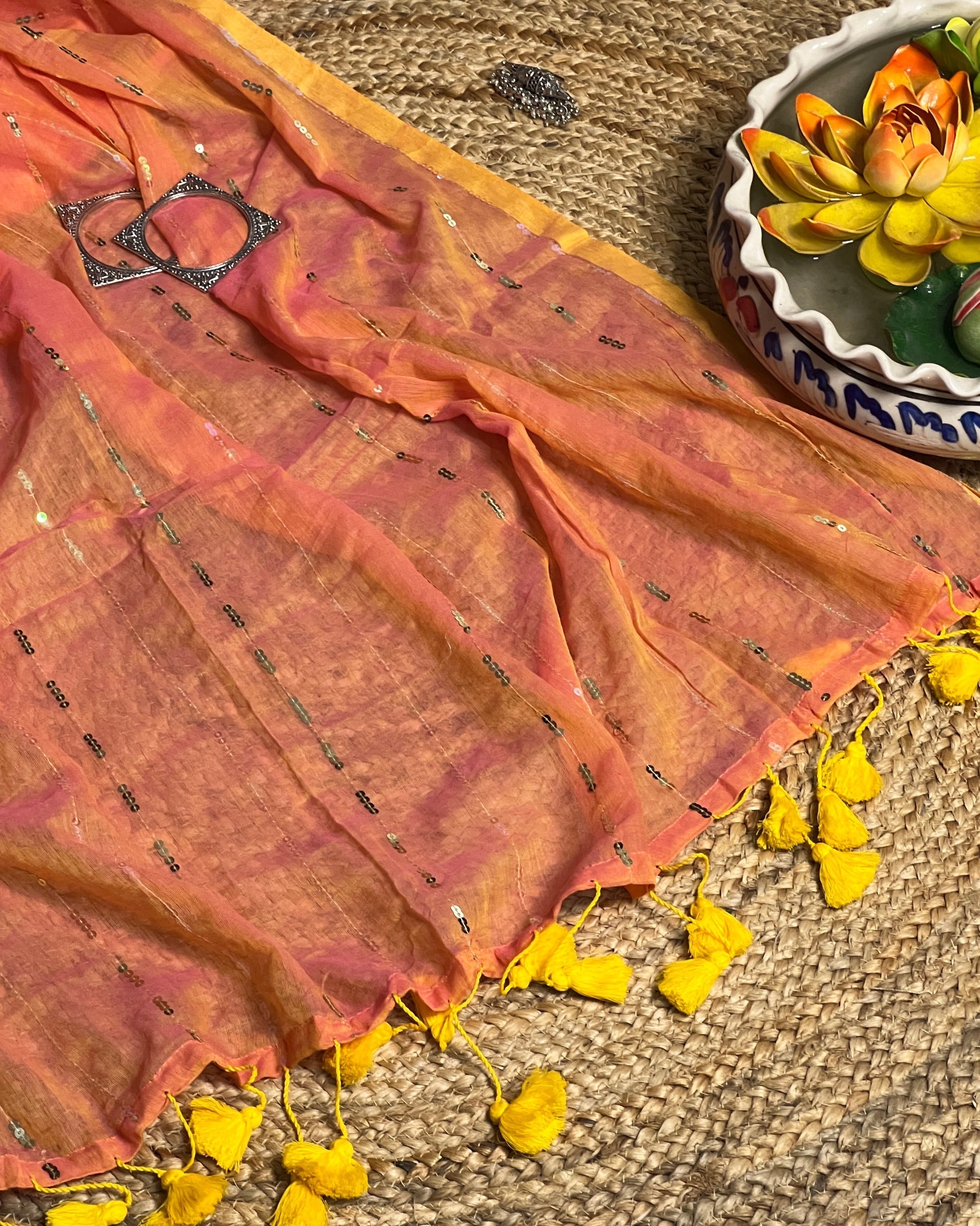 Peach mulmul cotton designer saree with elegant sequins embellishment