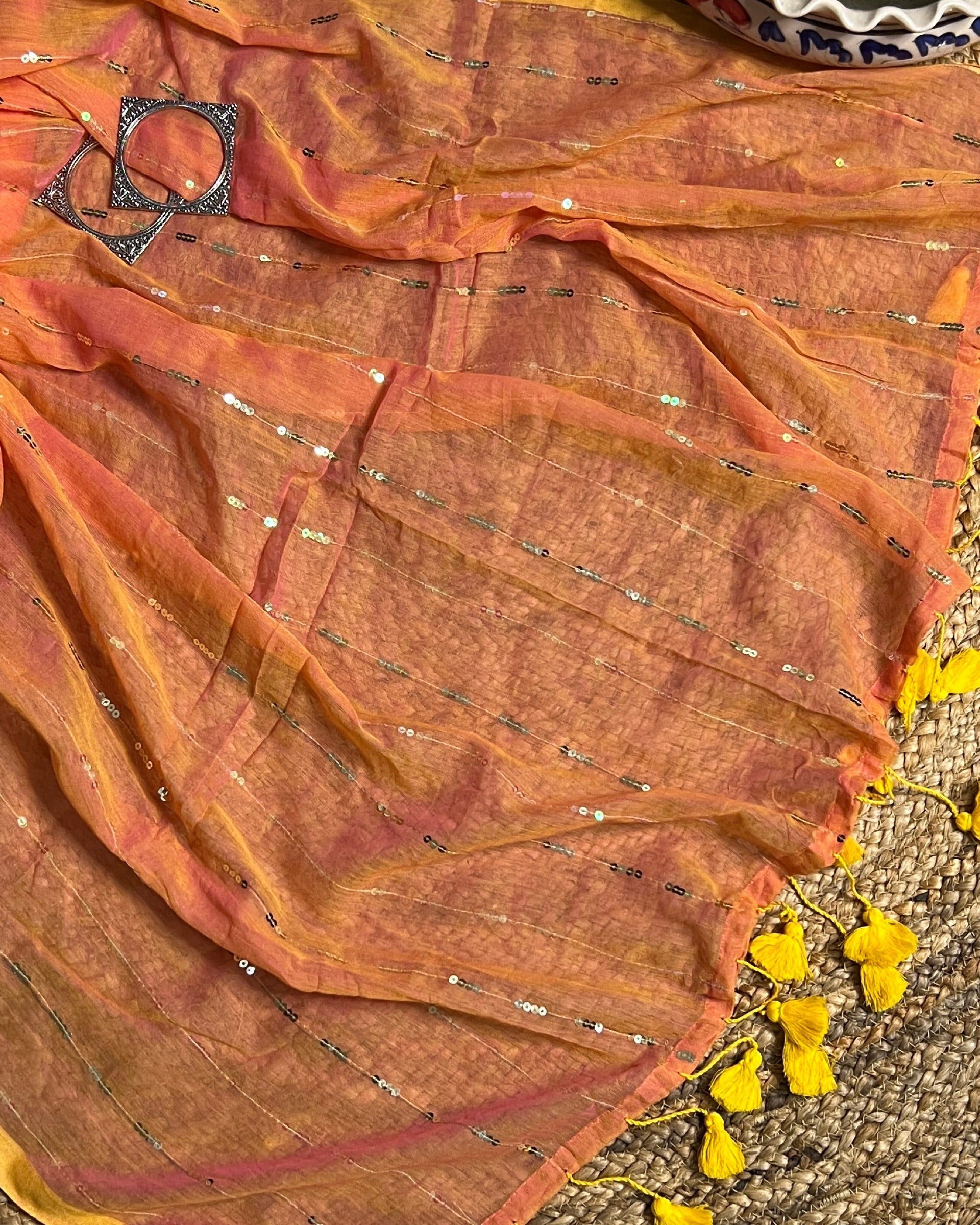 Shop Aame Peachy Sparkle saree in soft mulmul cotton with handcrafted sequin work