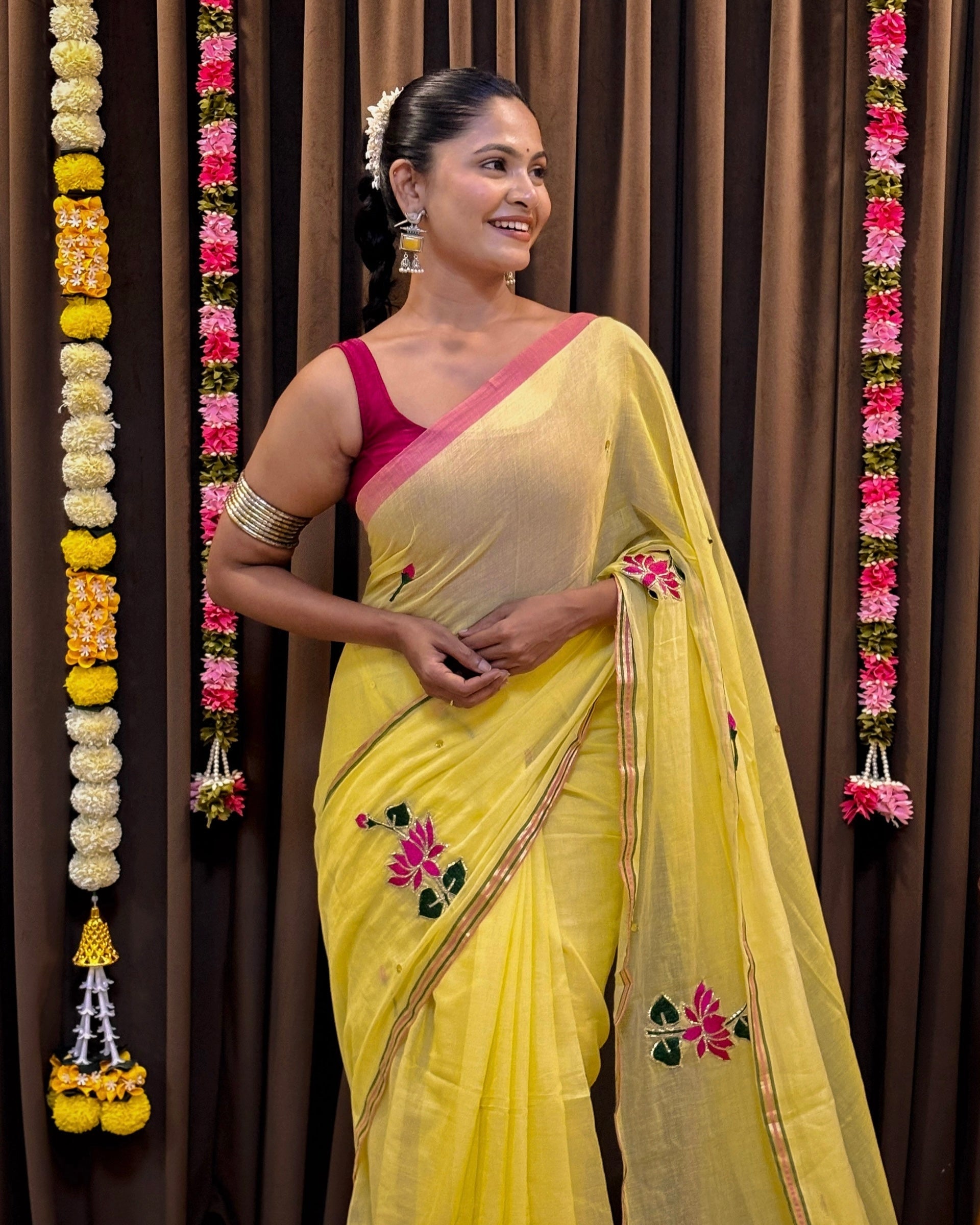 Lotus Valley yellow mulmul saree lightweight breathable cotton saree