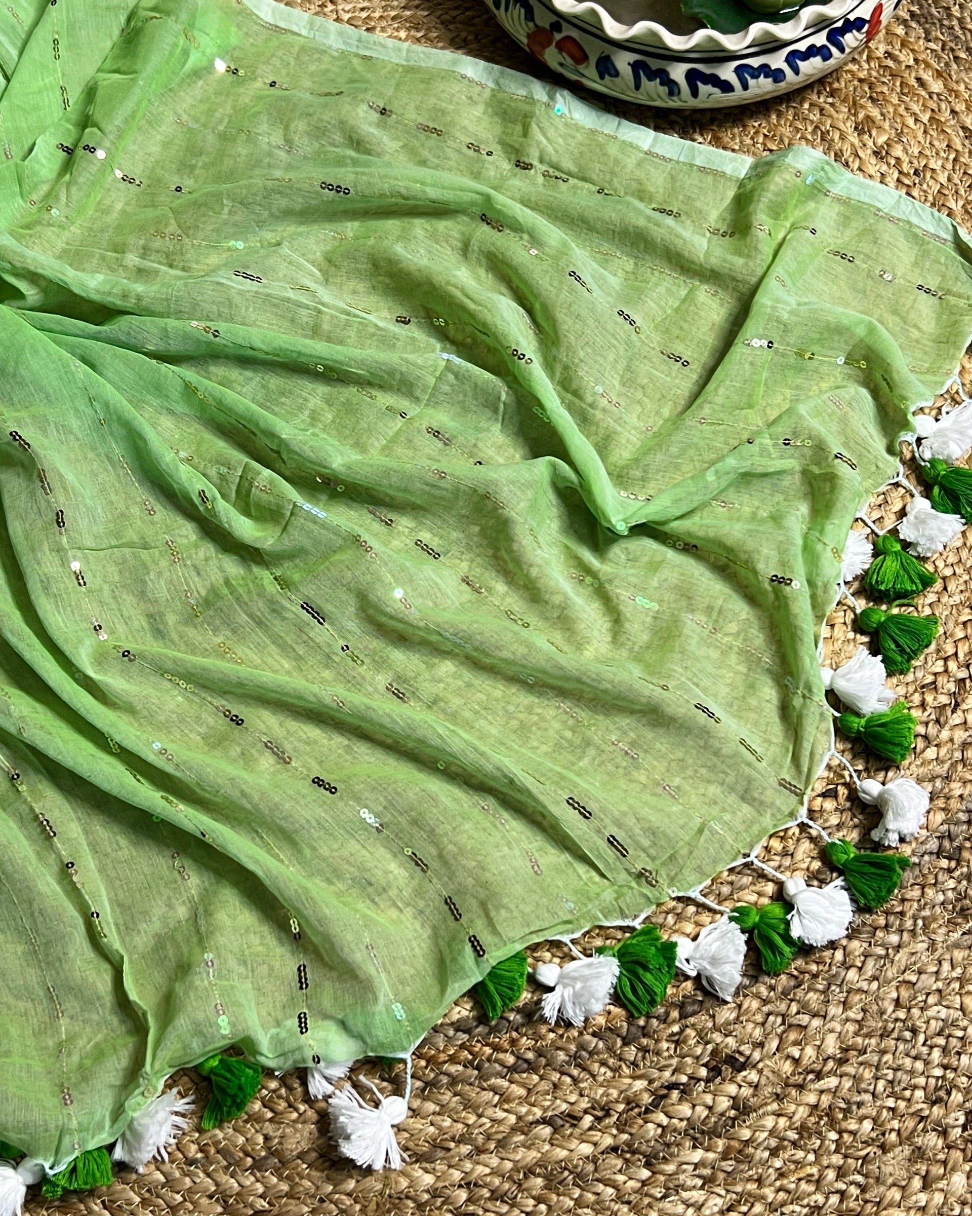Shop AaMe Lime N Lemoney saree in soft lime green mulmul cotton with sequin work