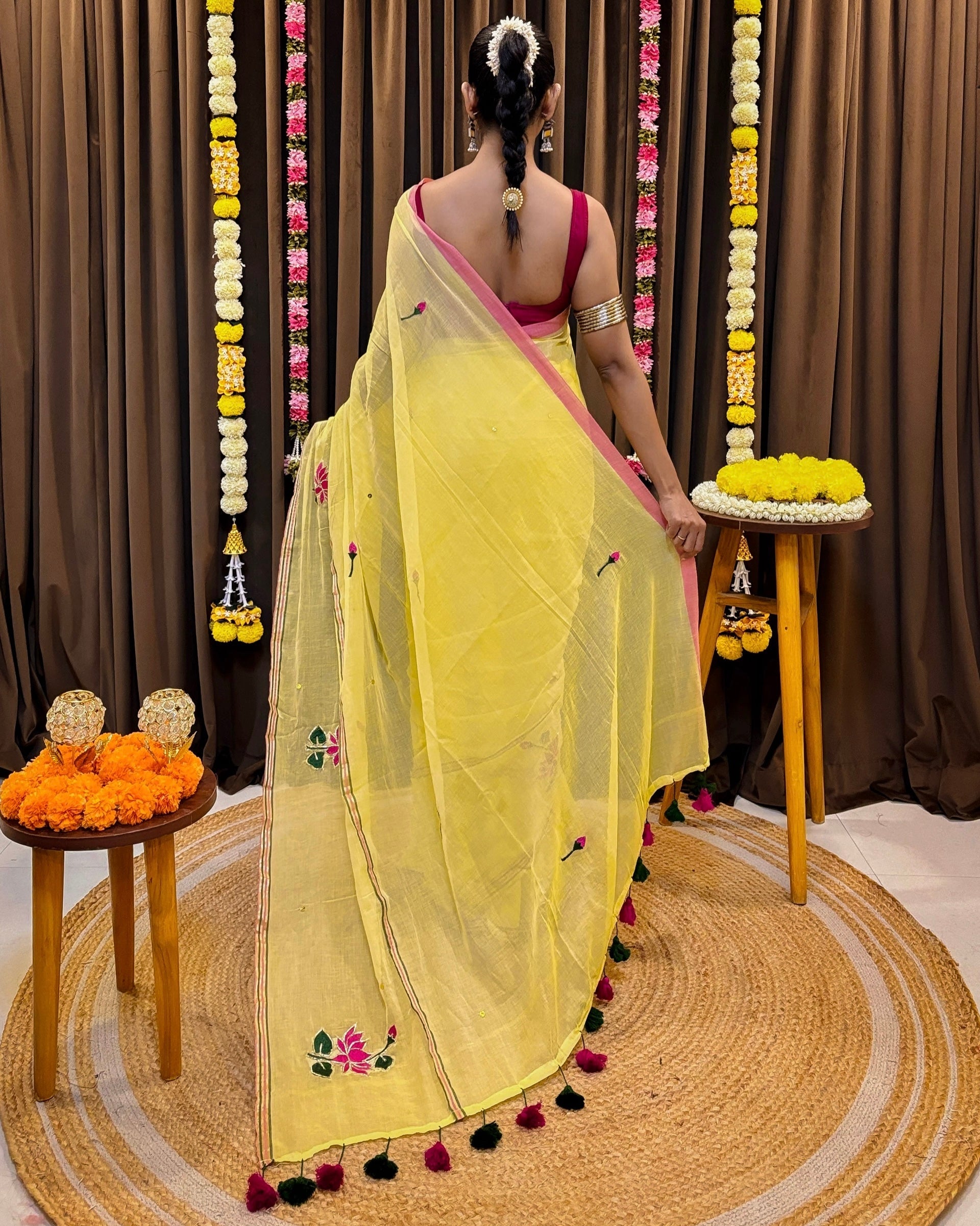 Lotus Valley yellow mulmul saree lightweight breathable cotton saree