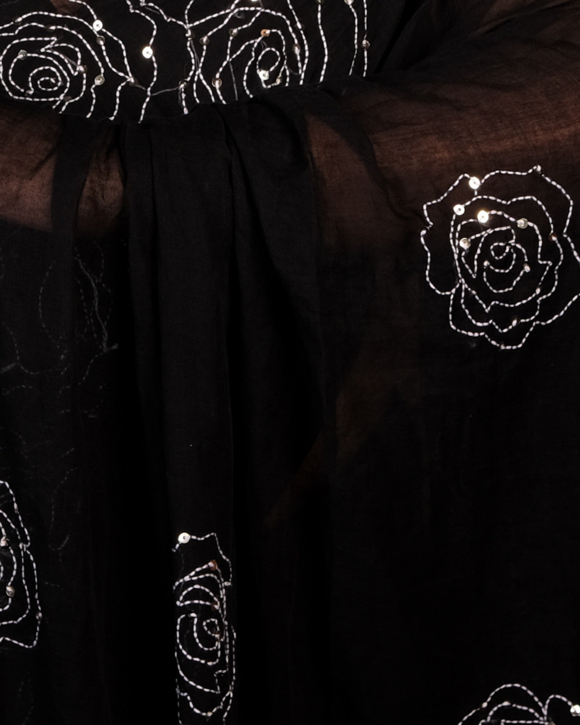Soft light weight black mulmul cotton Shopaame saree with rose embroidery sequins embellished good for day time wear festive party wear