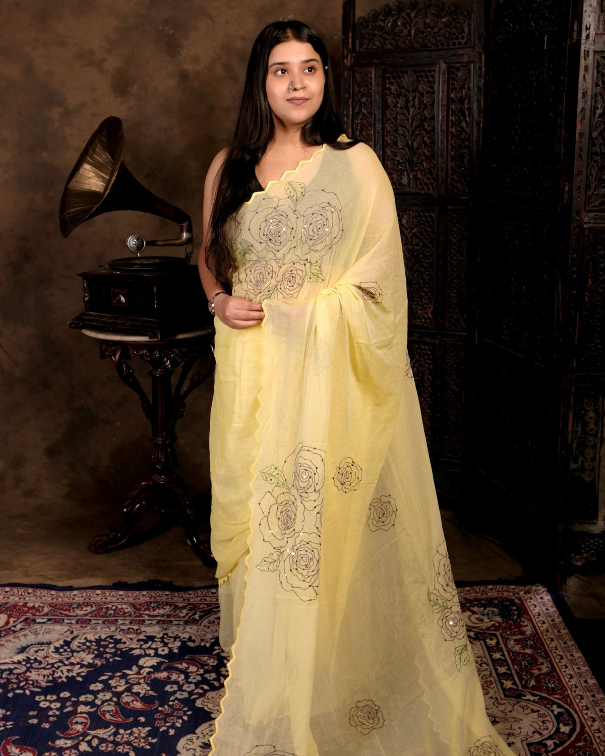 Serene Rose yellow mulmul cotton saree with delicate sequins work, a breathable festive saree for effortless summer comfort.