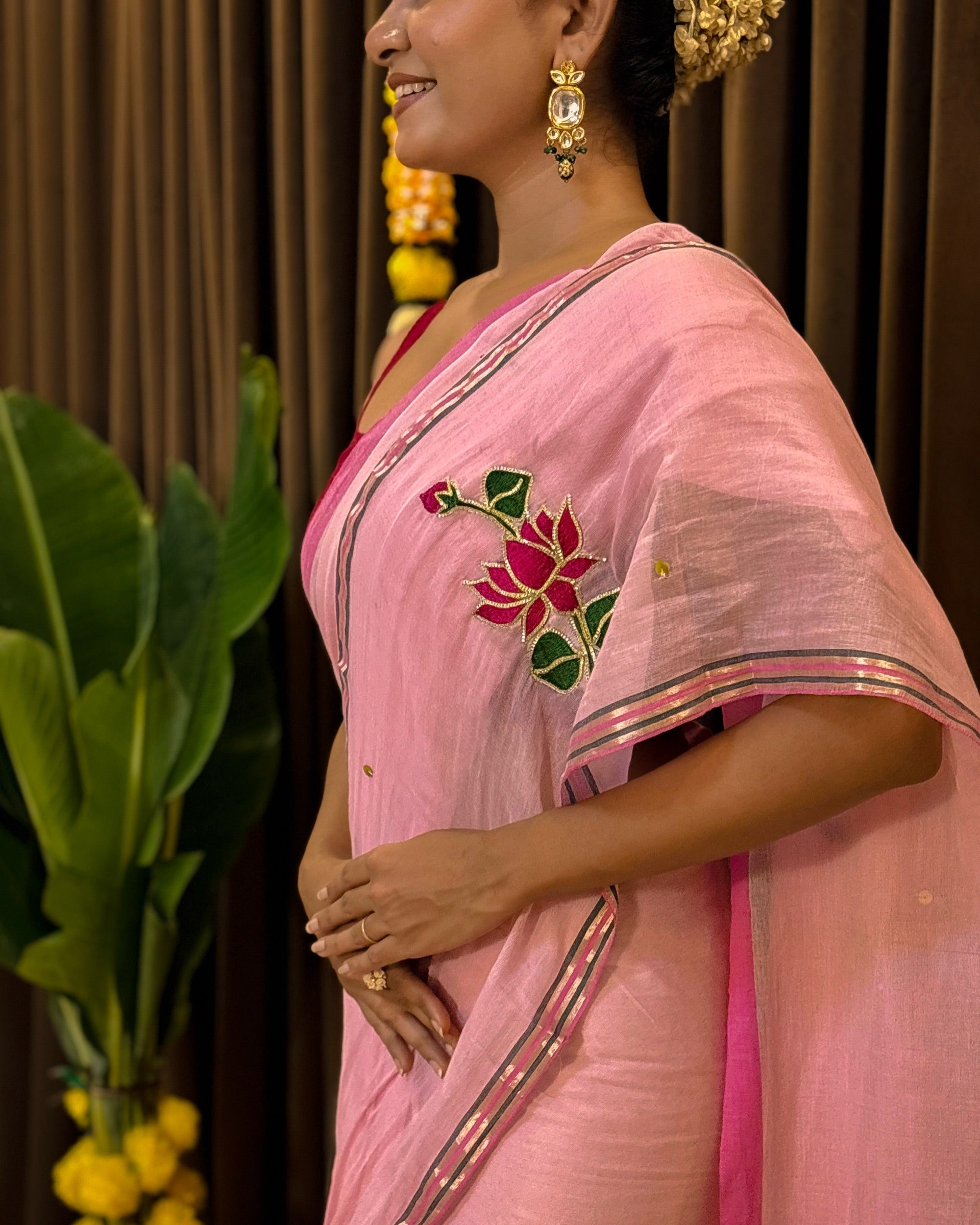 Soft and comfortable embroidered mulmul cotton saree in pink for day festivities or casual outing