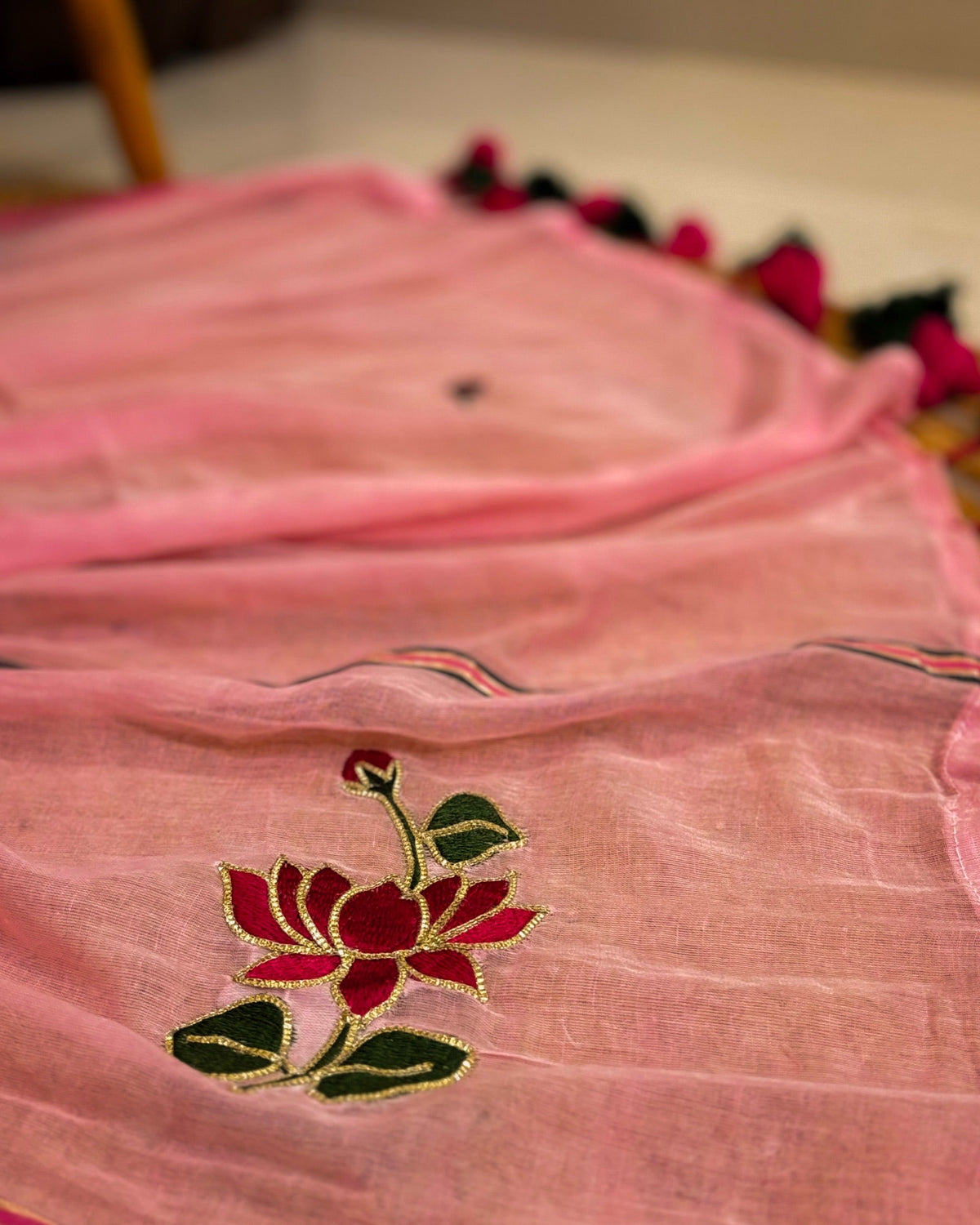 Elegant hand embroidered pink saree in mulmul cotton fabric