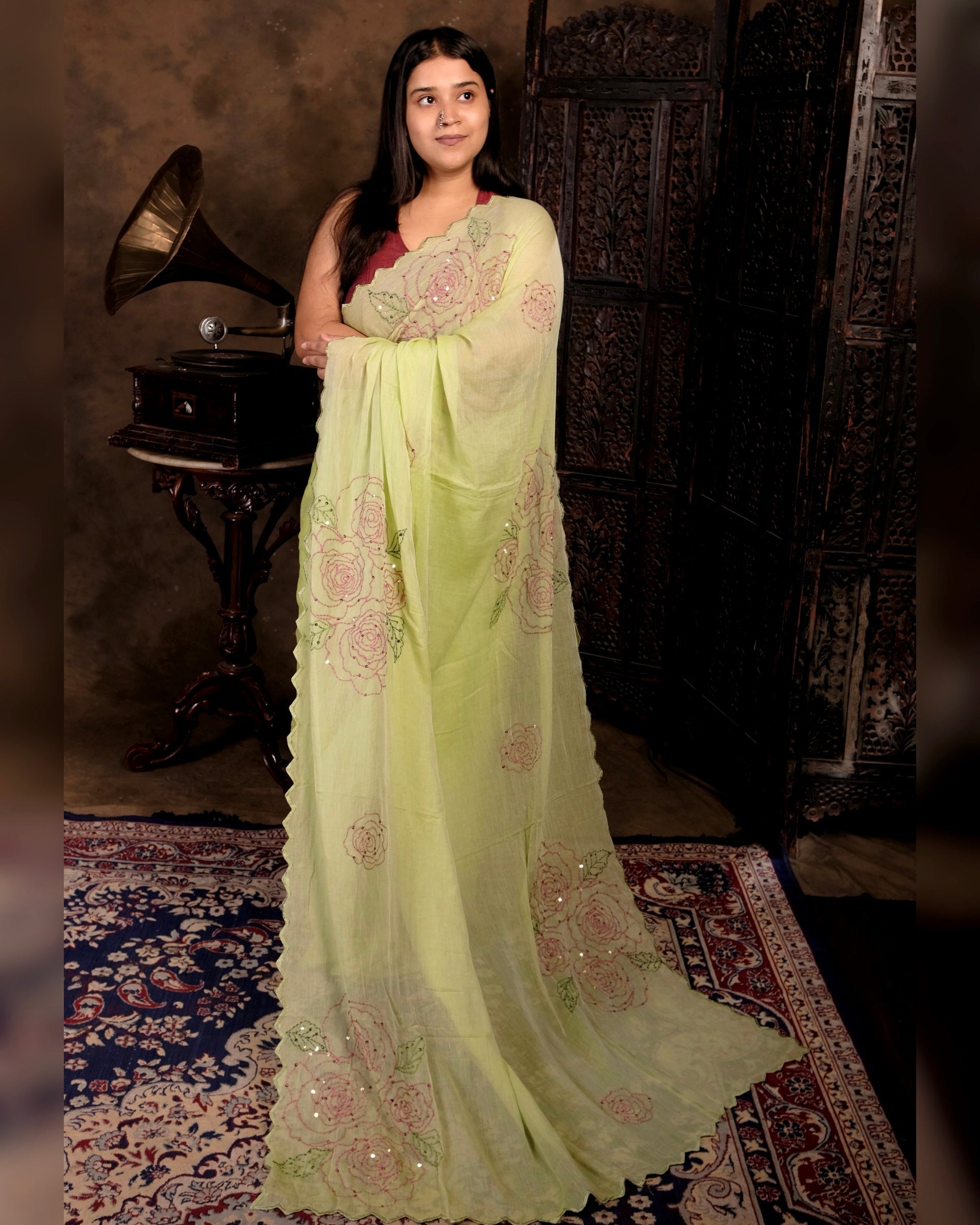 Green rose sequins embroidered mulmul cotton saree, a lightweight breathable saree for festive and summer wear.