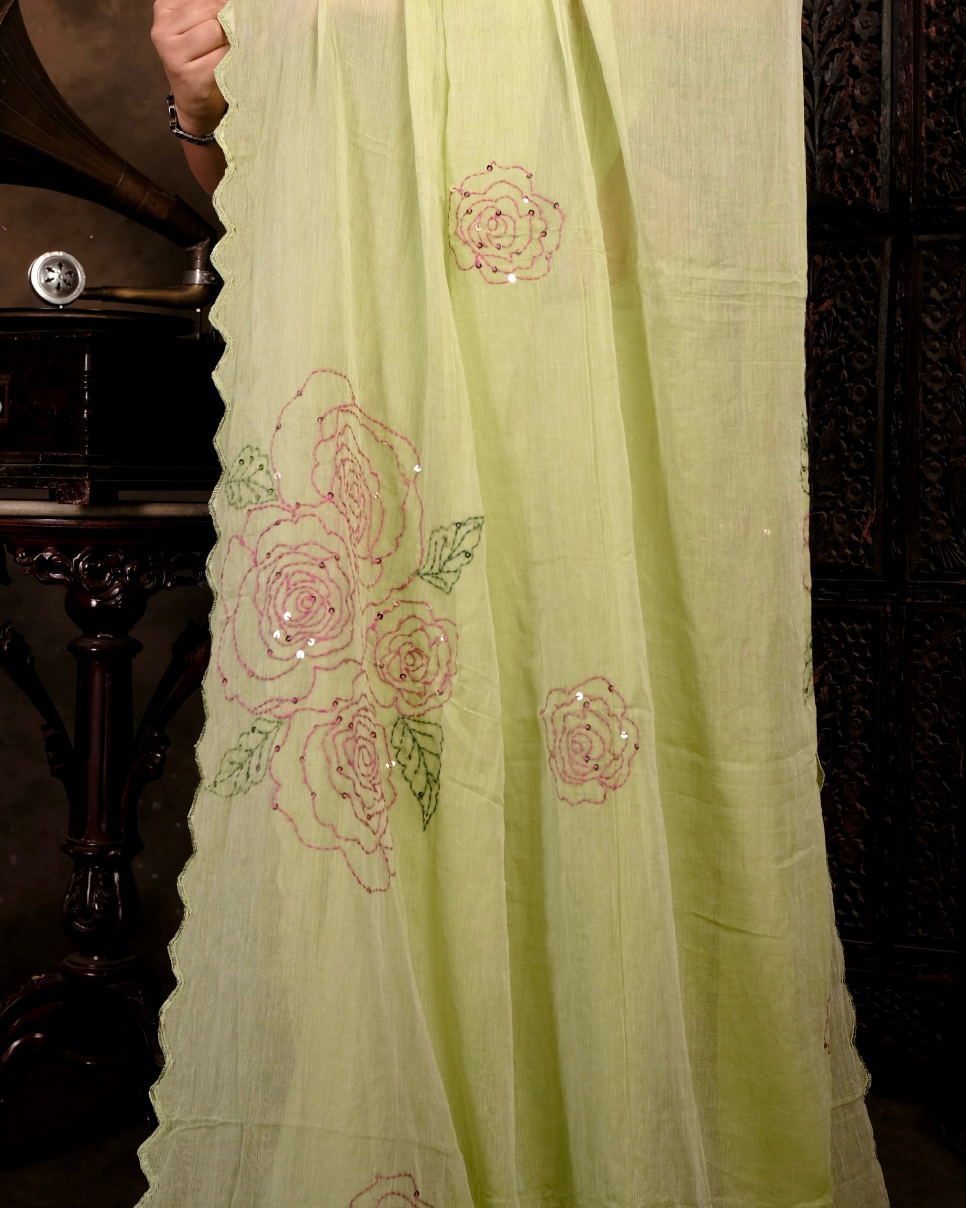 Garden Rose green cotton saree with delicate sequins work, a breathable festive saree for effortless summer comfort.