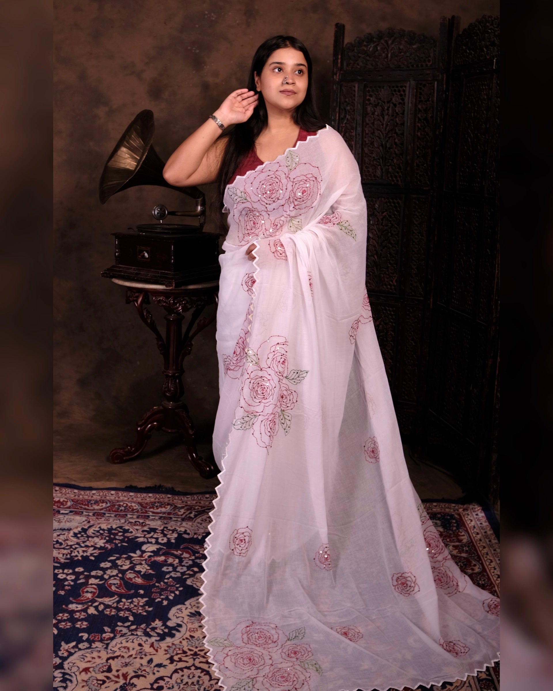 White rose sequins embroidered mulmul cotton saree, a lightweight breathable saree for festive and summer wear.