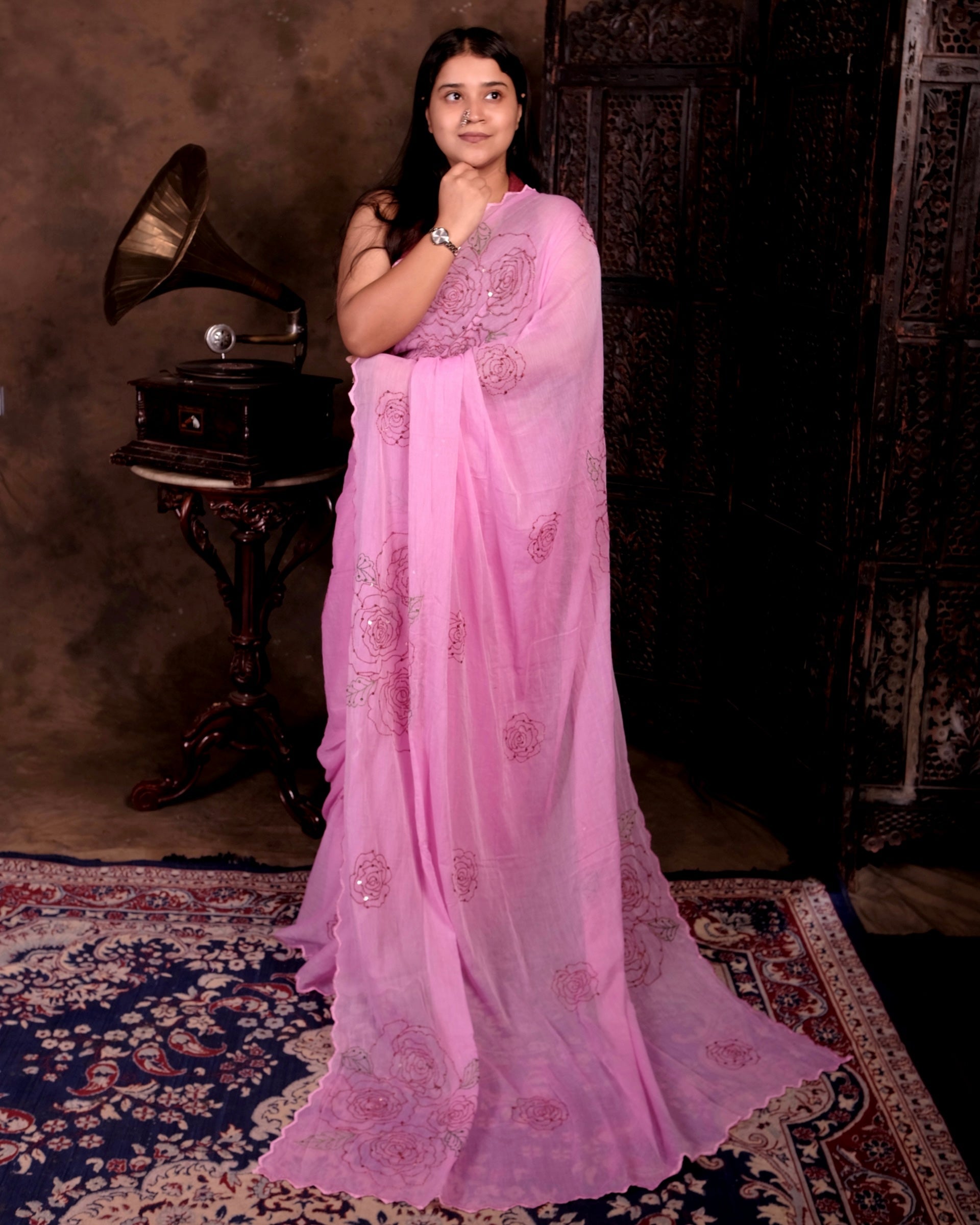 Pink mulmul cotton saree by Shopaame with rose detailing and sequins embellishment.