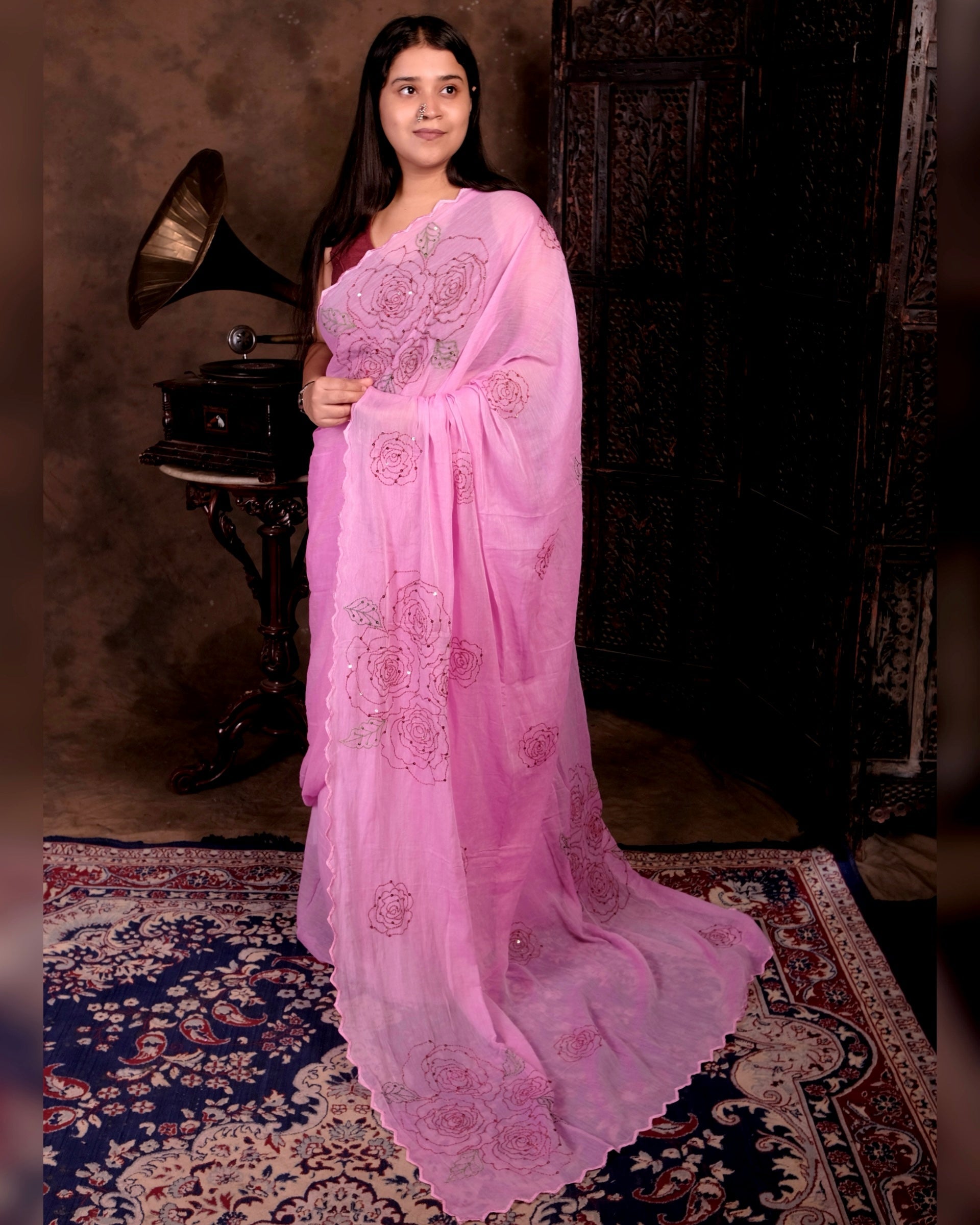 Soft and comfortable light weight pink mulmul cotton Shopaame saree with rose embroidery sequins embellished.