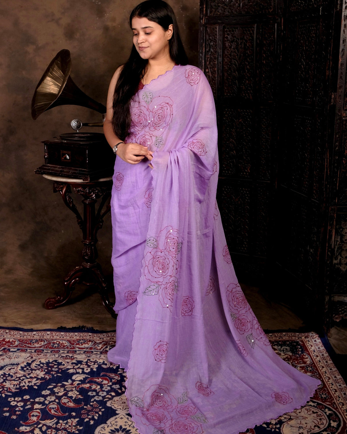 Violet Rose purple sequins embroidered mulmul cotton saree by Shopaame, a lightweight breathable saree for festive and summer wear.