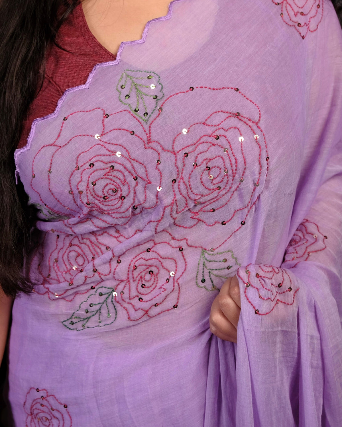 Purple mulmul cotton saree by Shopaame with rose sequins embroidery, soft airy elegance for festive moments and summer styling.