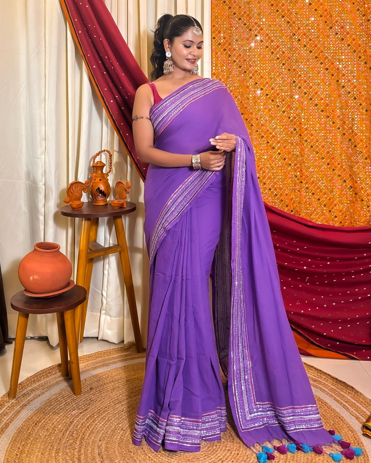 Lavender Sequins Embellished Cotton Saree in soft mulmul fabric with elegant shimmer detailing