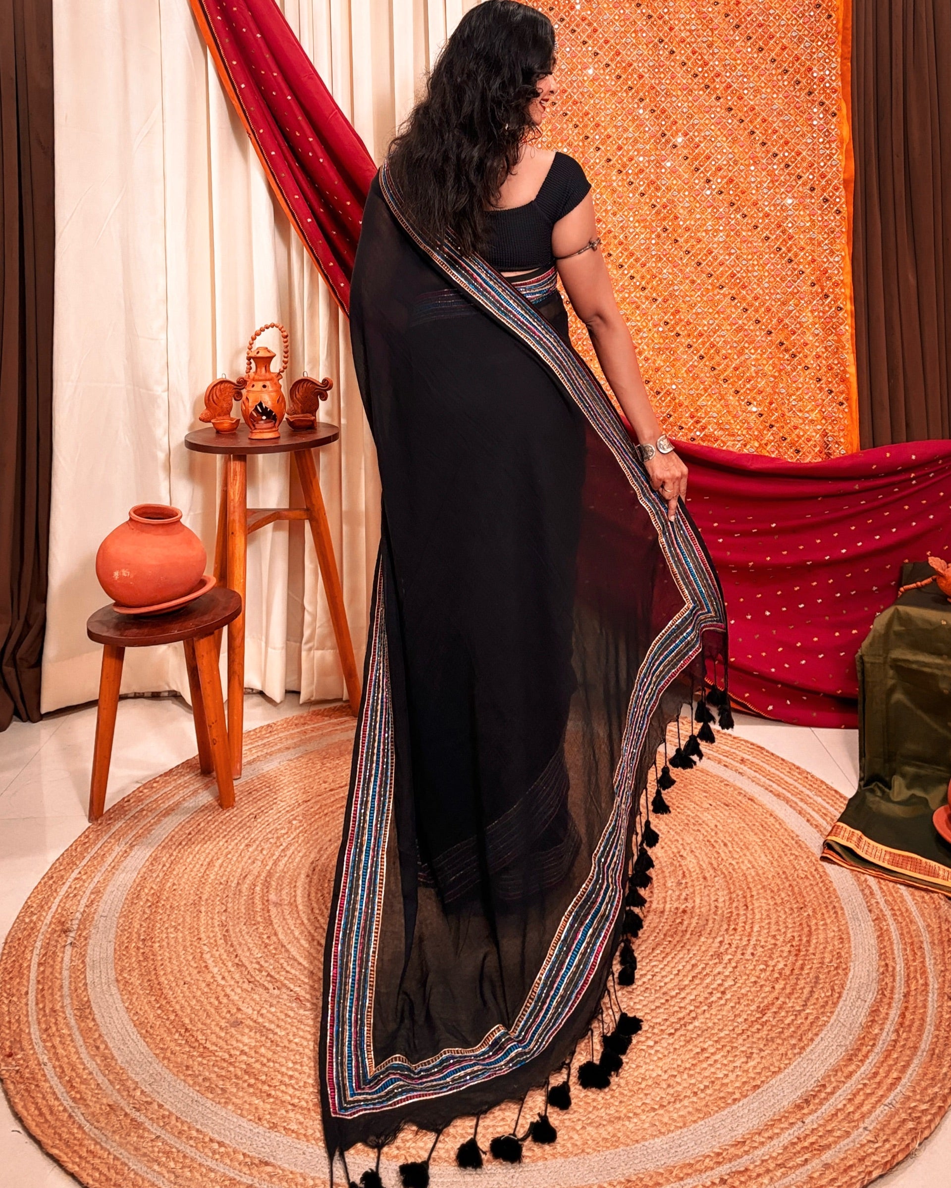 Night’s Edge Black Sequins Embellished Cotton Saree perfect for festive occasions
