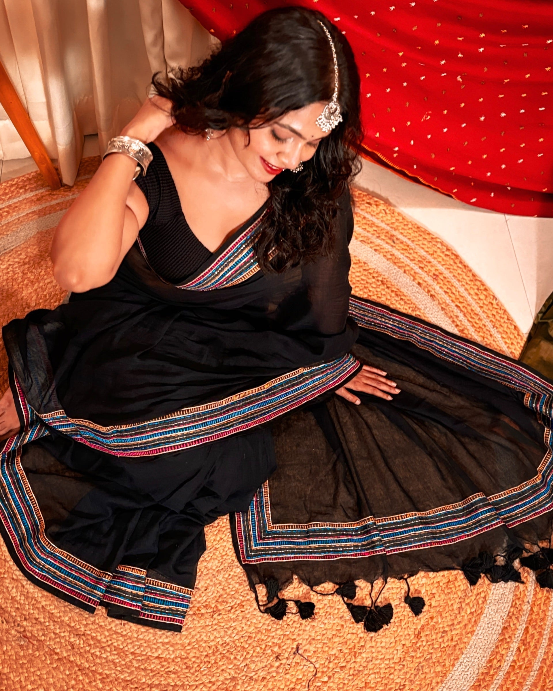 Night’s Edge Black Sequins Embellished Cotton Saree in lightweight breathable fabric