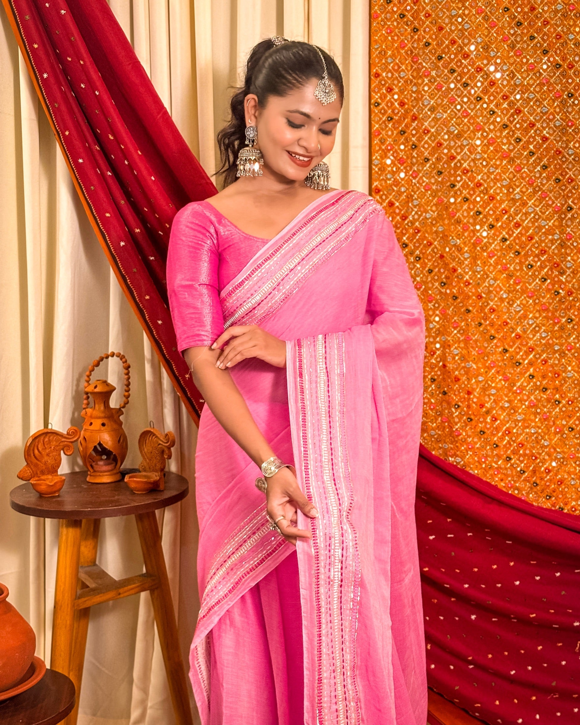 Woven Halo Pink Sequins Embellished Cotton Saree with elegant shimmer detailing
