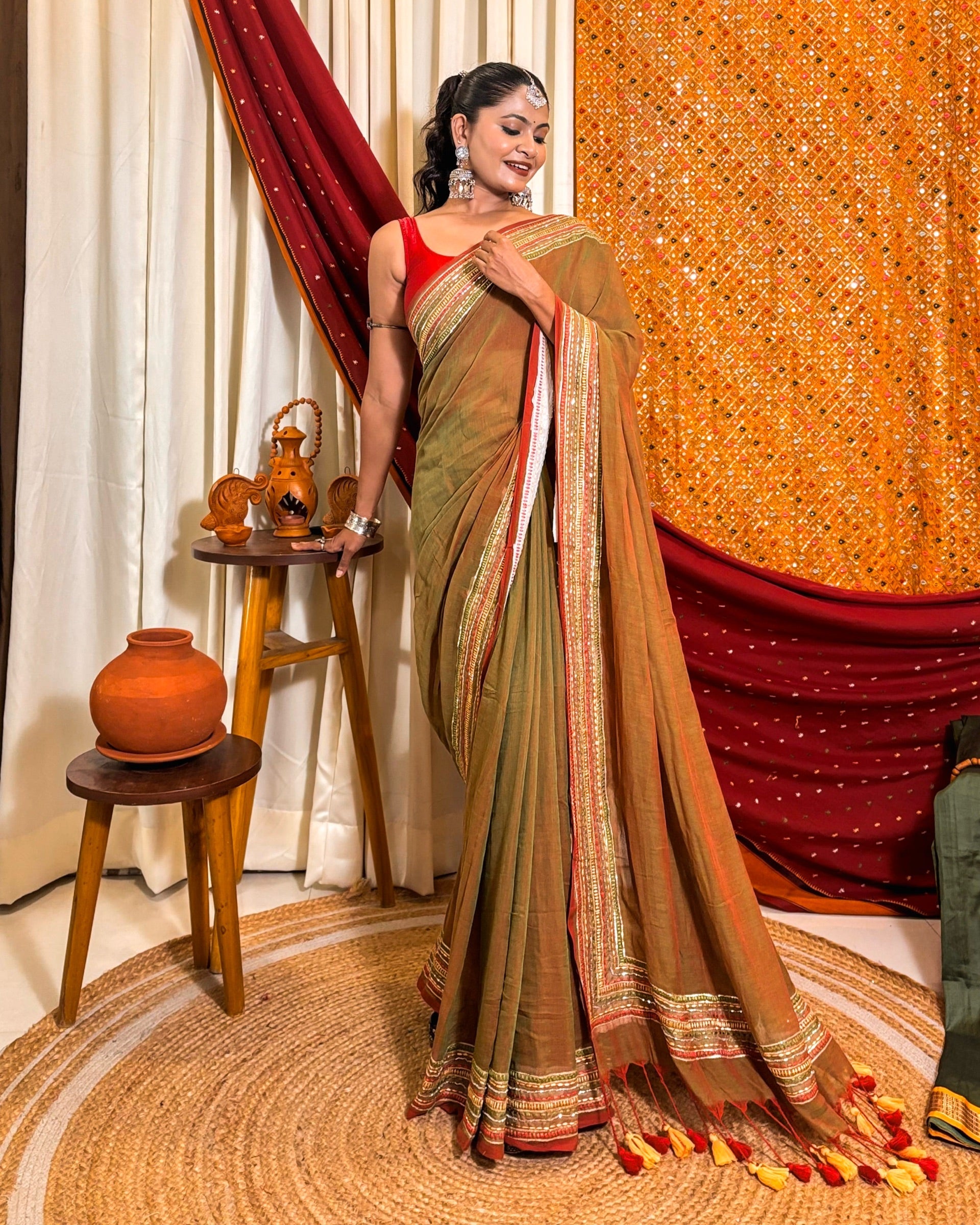 Whispered Shine Brown Sequins Embellished Cotton Saree with elegant shimmer detailing