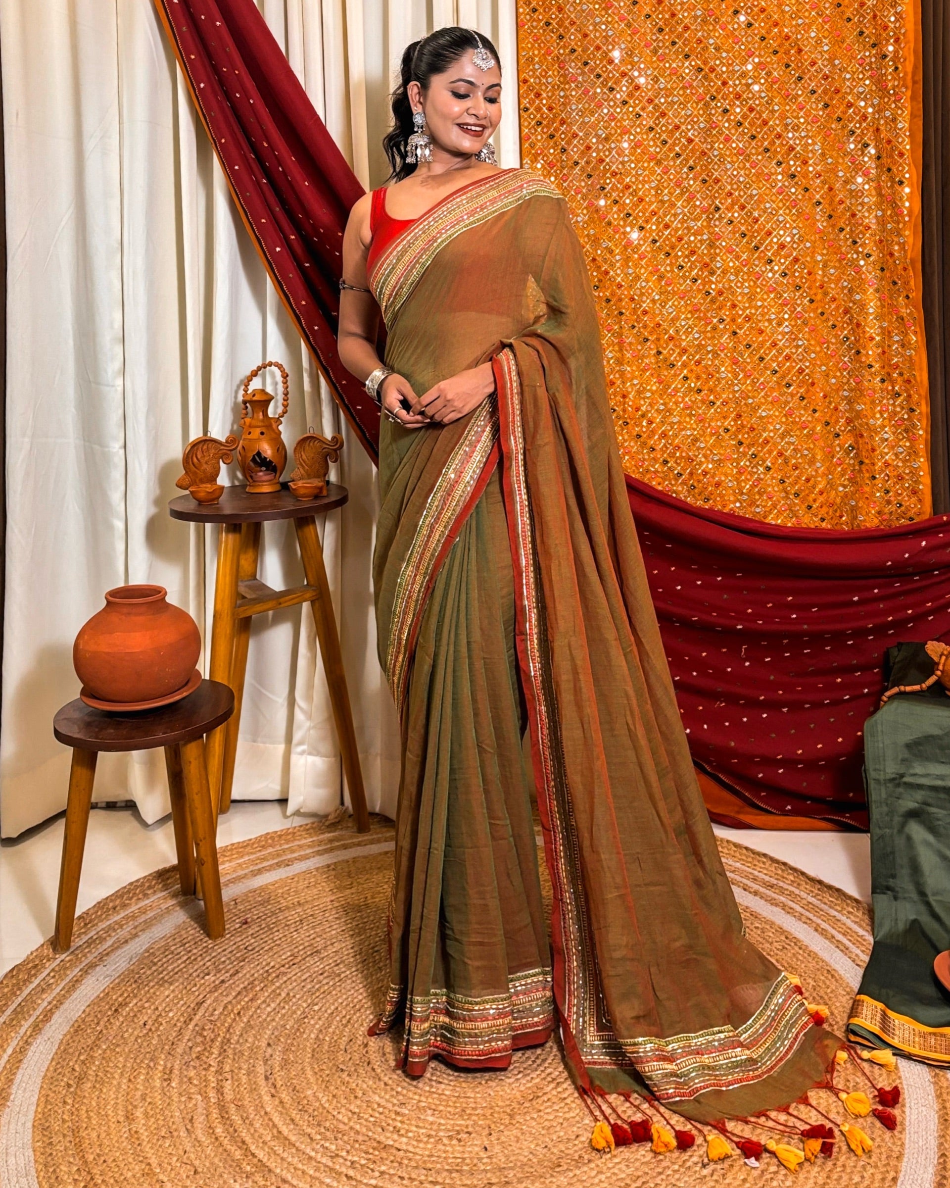 Whispered Shine Brown Sequins Embellished Cotton Saree styled for summer wear