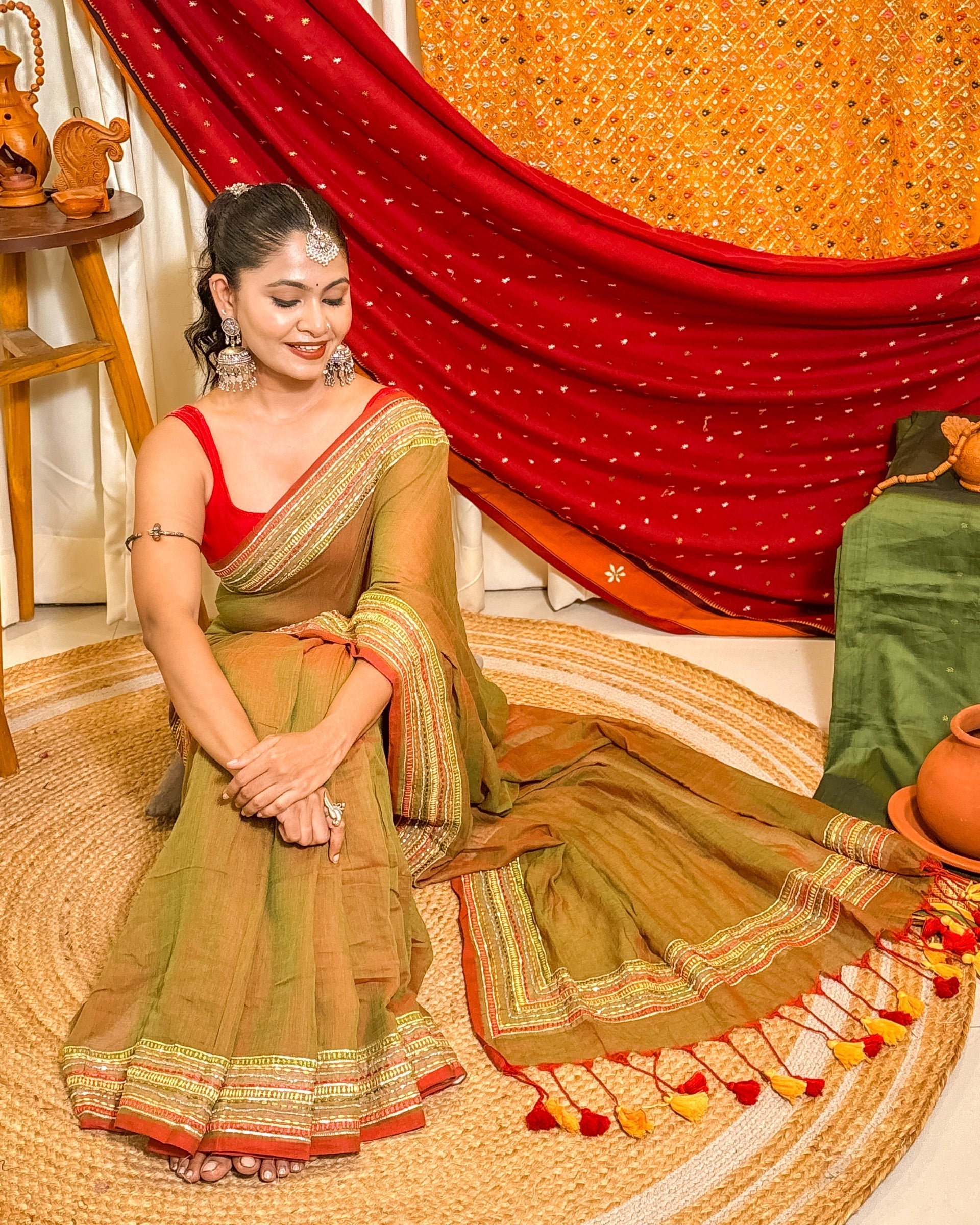 Whispered Shine Brown Sequins Embellished Cotton Saree styled for summer wear