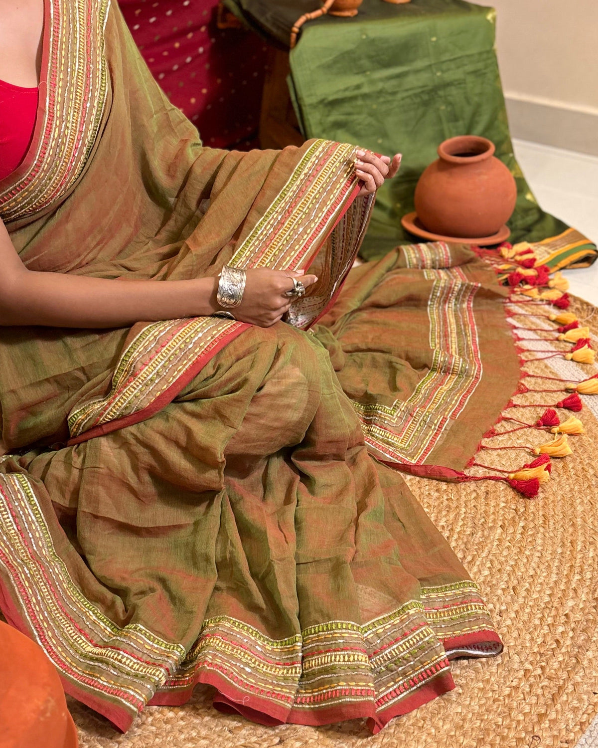 Whispered Shine Brown Sequins Embellished Cotton Saree styled for summer wear