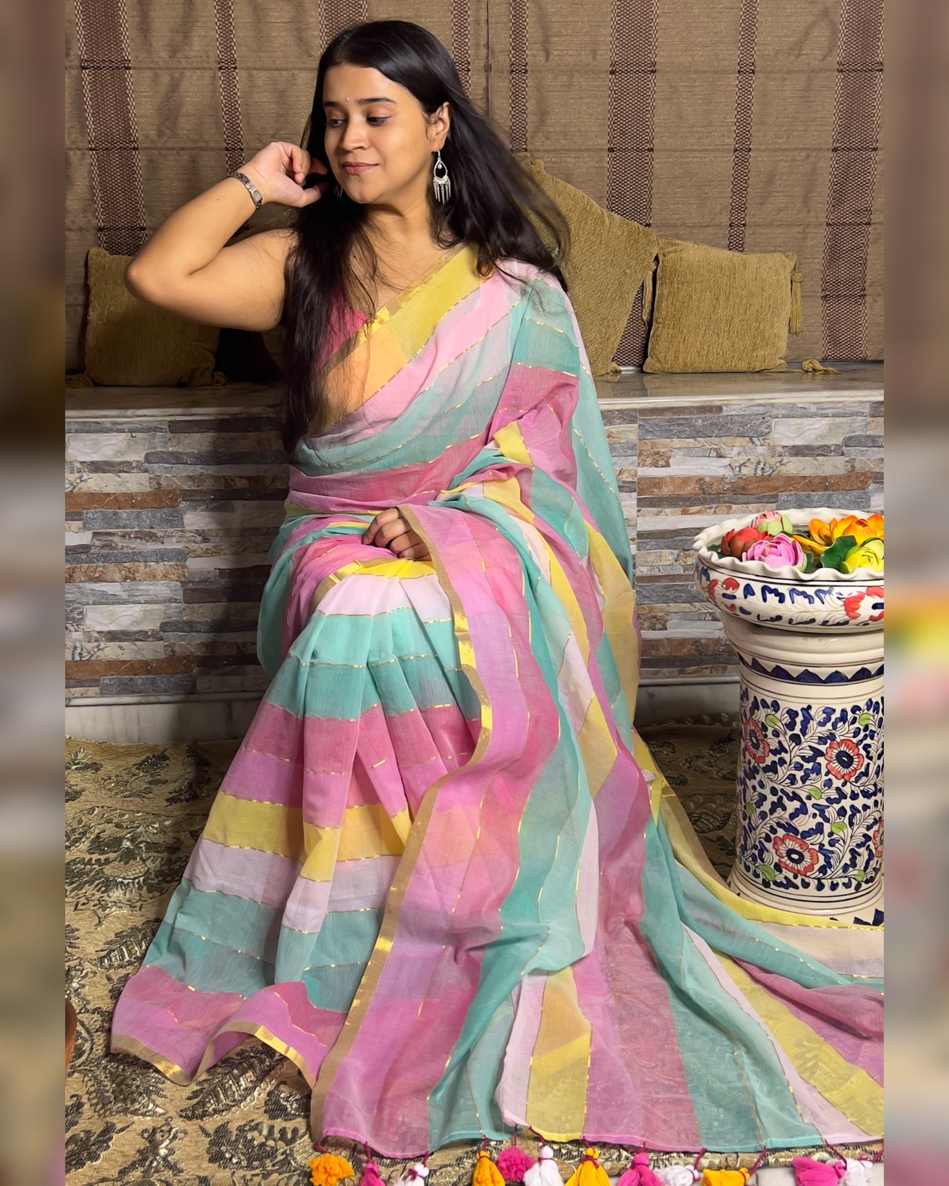 Multicoloured mulmul cotton saree with lively festive styling by Shop AaMe