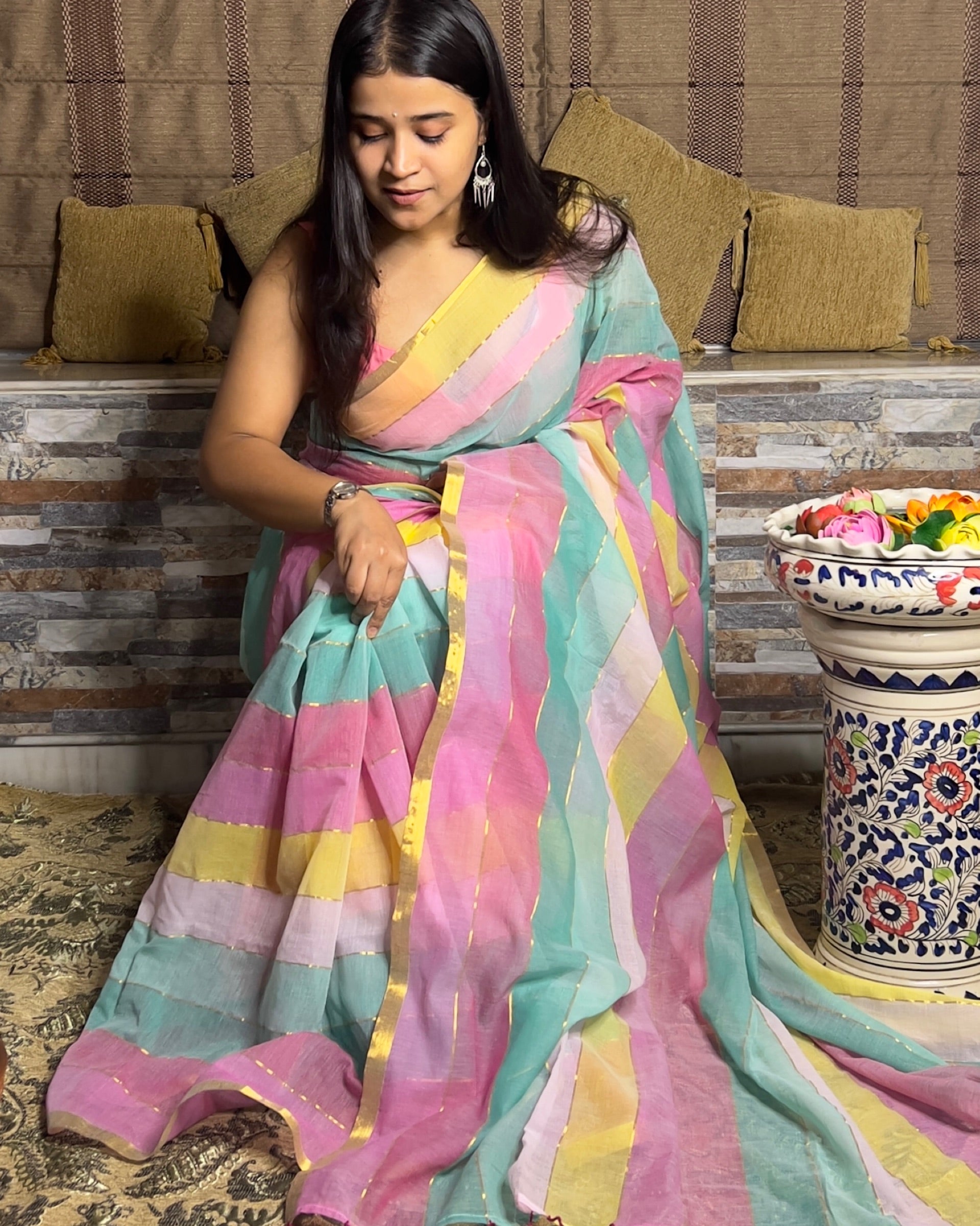 Multicoloured cotton saree with stylish ethnic appeal by Shop AaMe