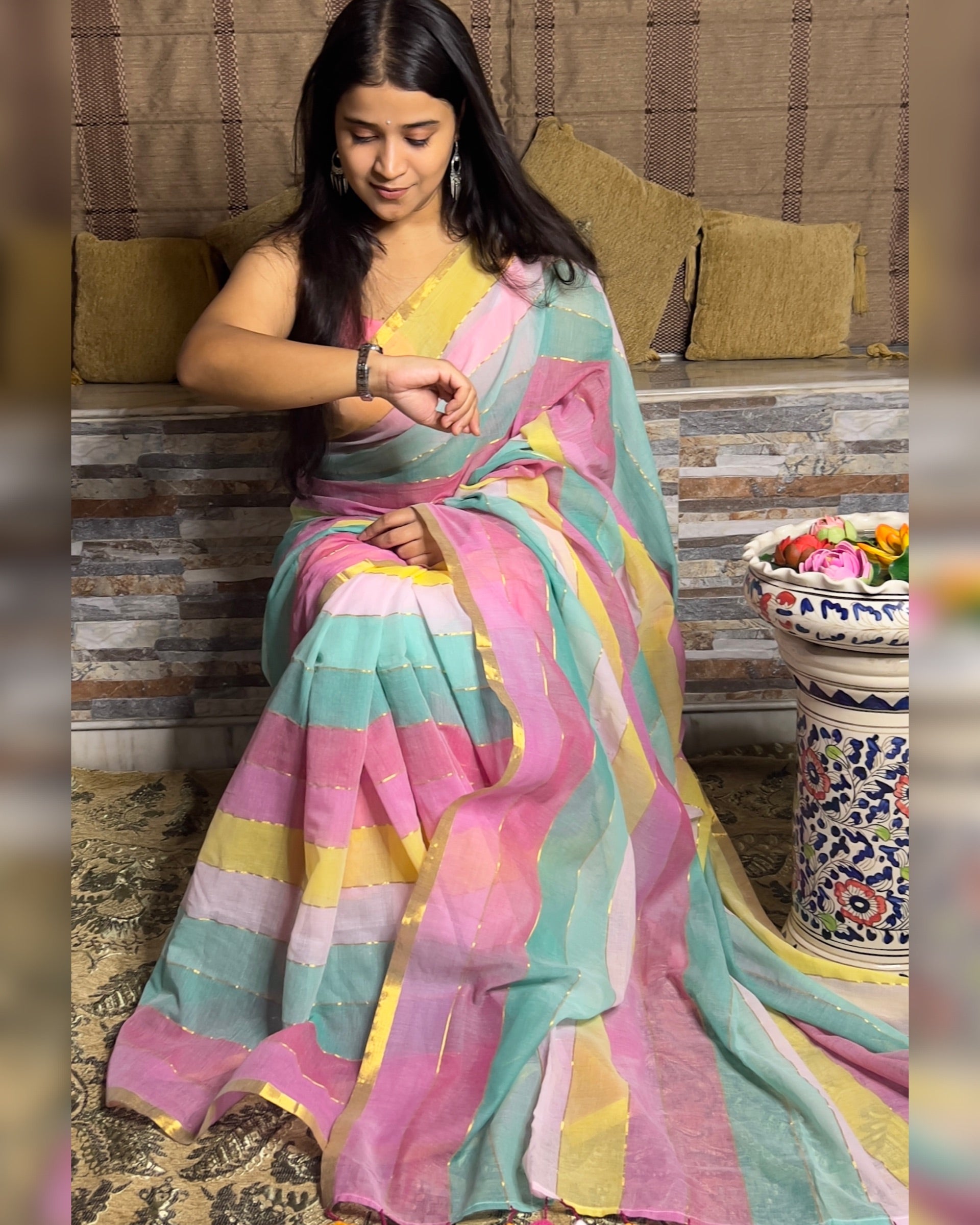 Designer mulmul cotton saree for relaxed festive styling by Shop AaMe