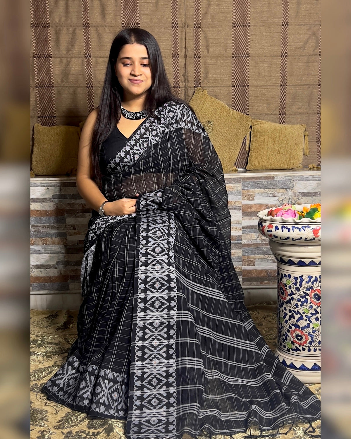 Designer black Jamdani cotton saree with timeless ethnic elegance
