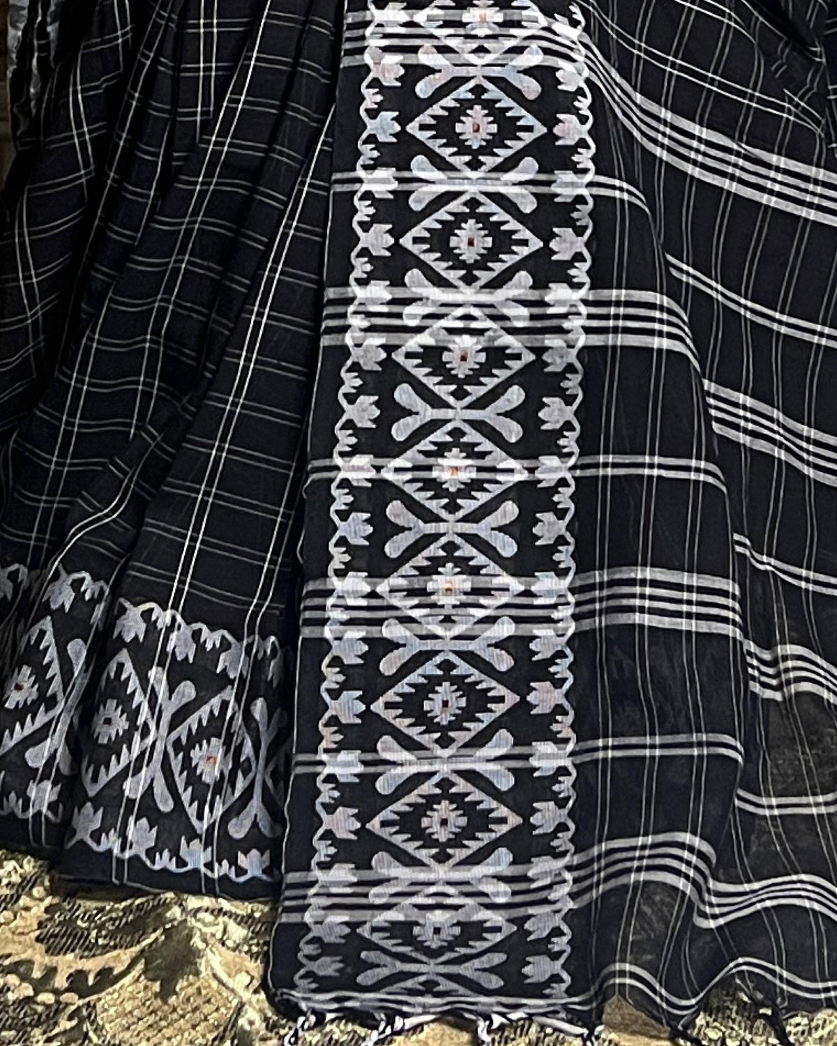 Handcrafted black white khaadi cotton saree featuring Jamdani Paar design