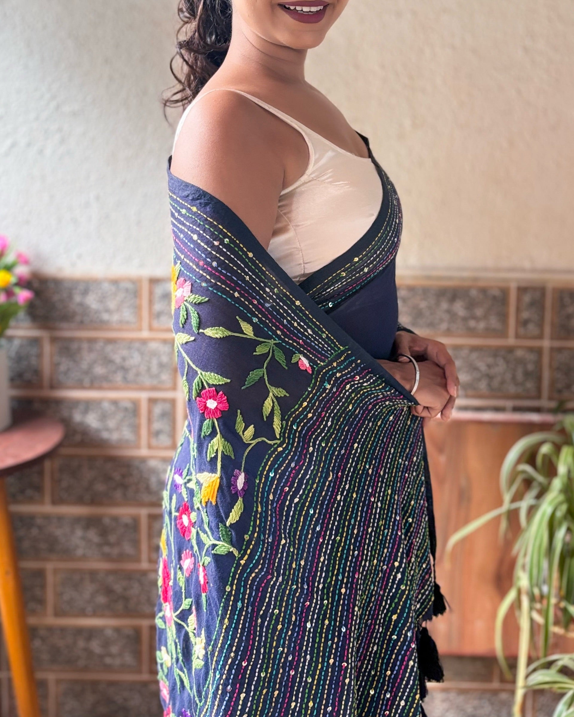Navy blue embroidered mulmul cotton saree Blue Iris Enchant design
