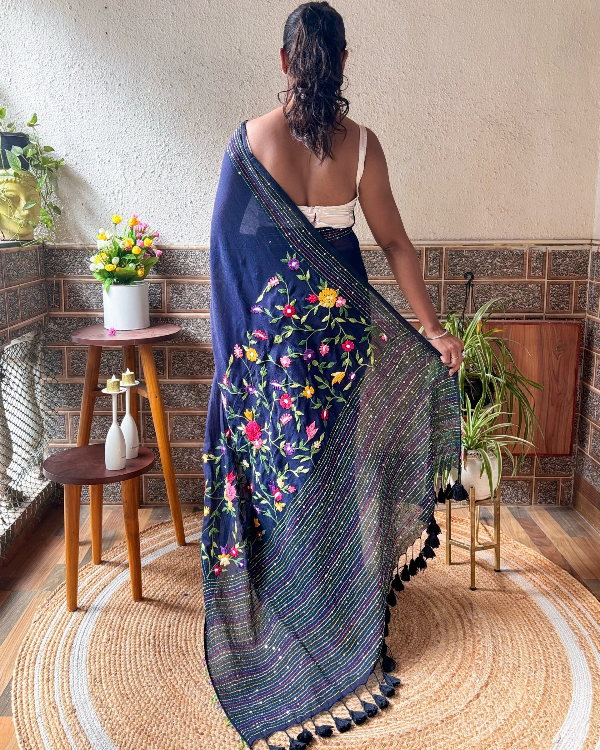 Hand embroidered navy blue mulmul saree lightweight and airy