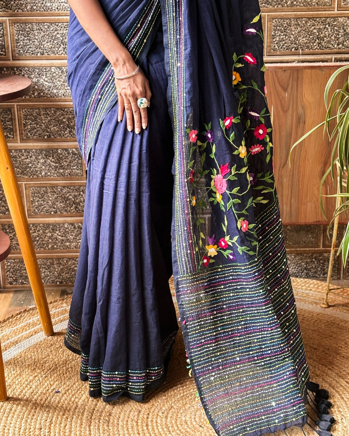 Designer navy mulmul saree soft comfortable and breathable fabric