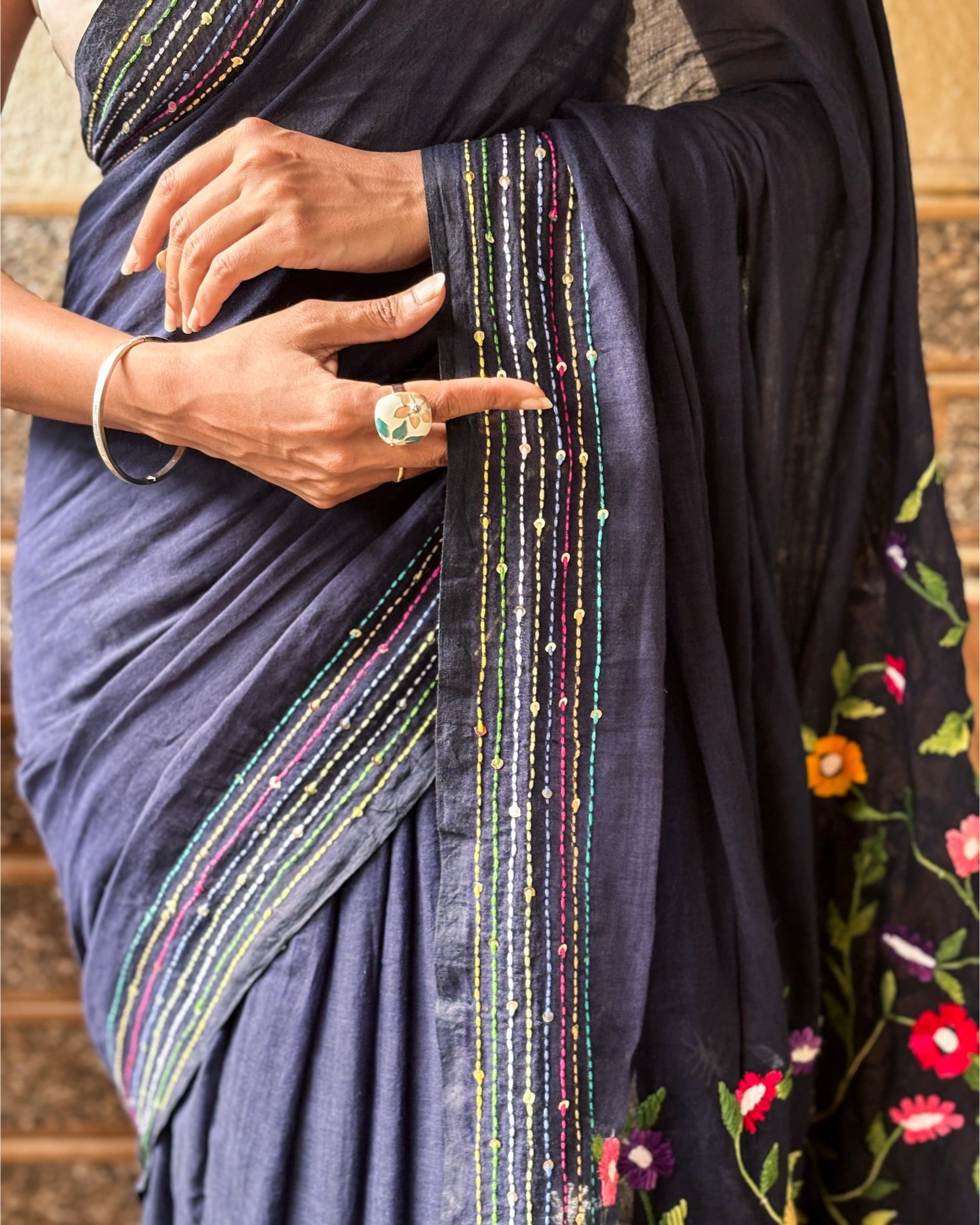 Elegant Blue Iris Enchant navy embroidered saree with intricate thread work and refined finish