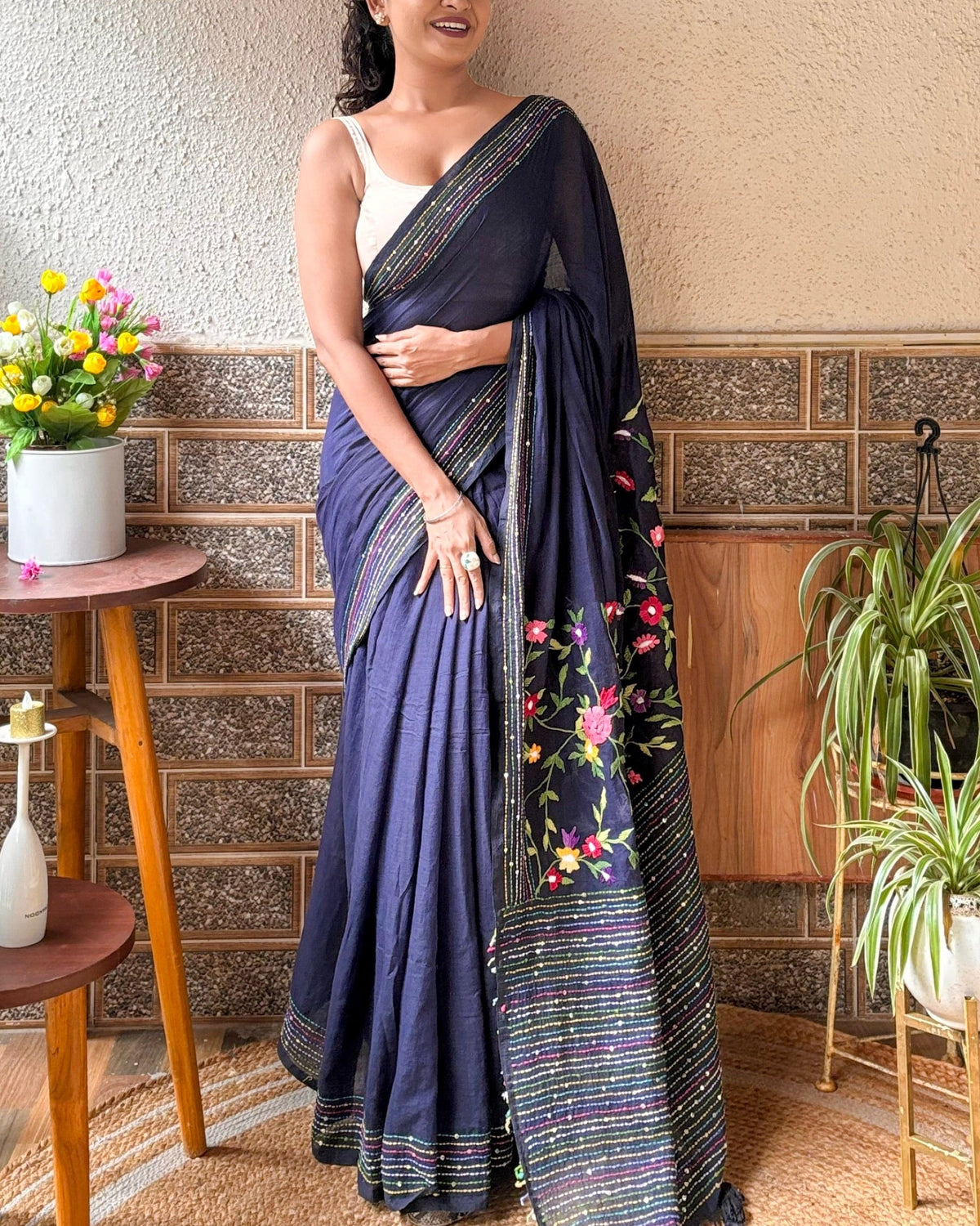 Navy blue embroidered saree from Blue Iris Enchant collection with handcrafted detailing