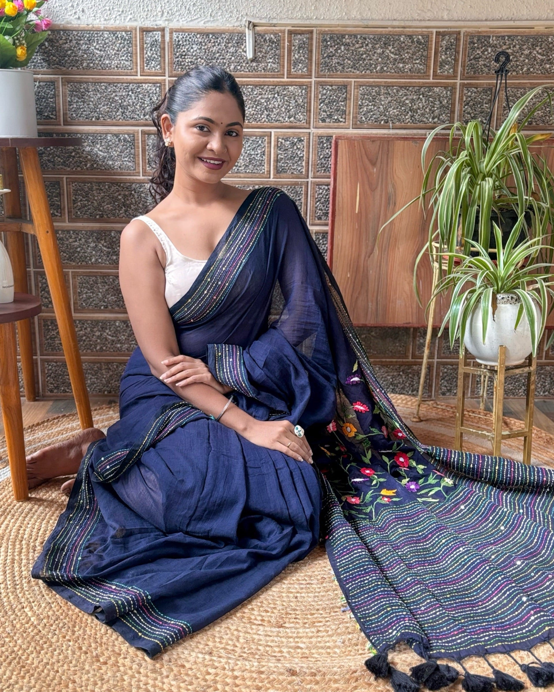 Stylish navy embroidered saree for evening and special occasions
