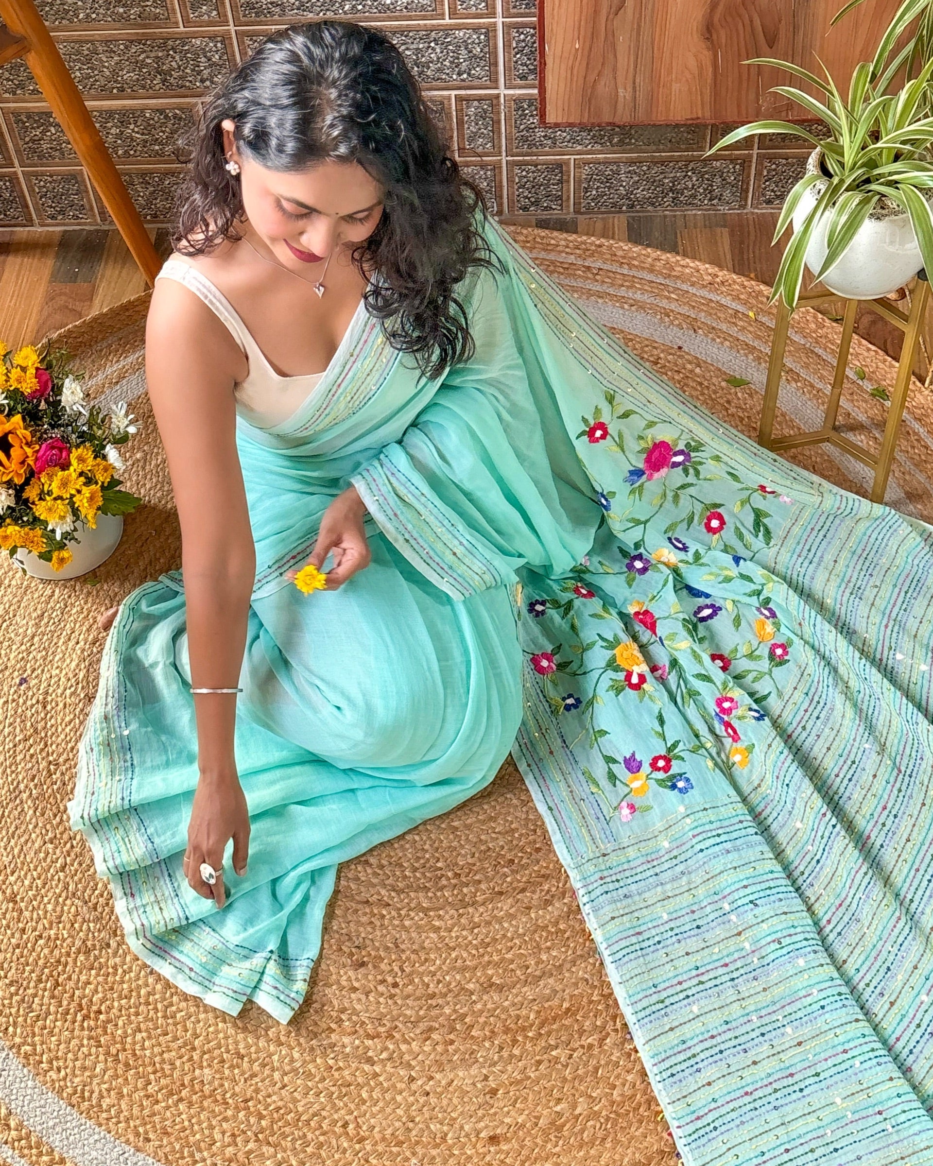 Mint green mulmul saree breathable airy fabric for daily wear