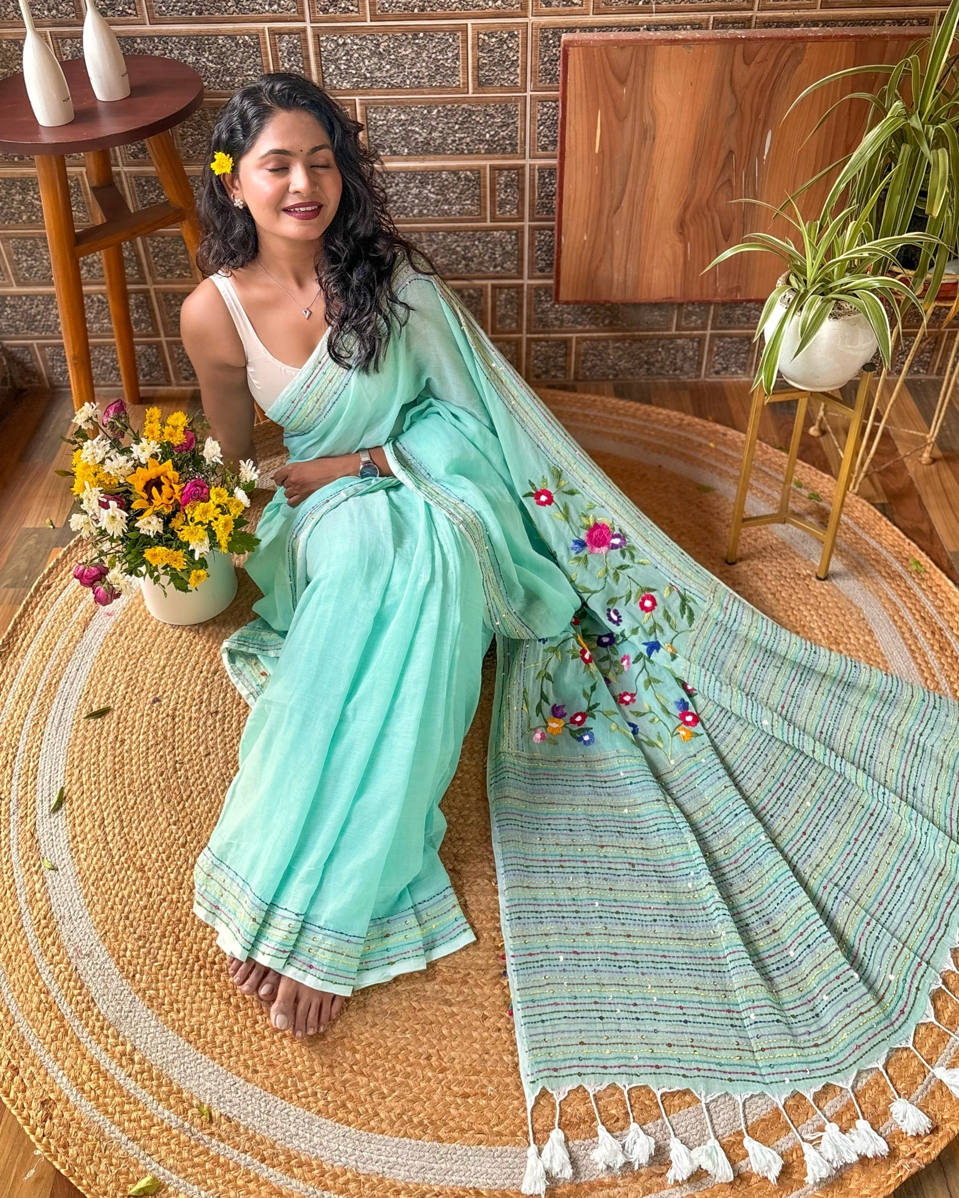 Green embroidered mulmul cotton saree Mist Mint Gardenia design