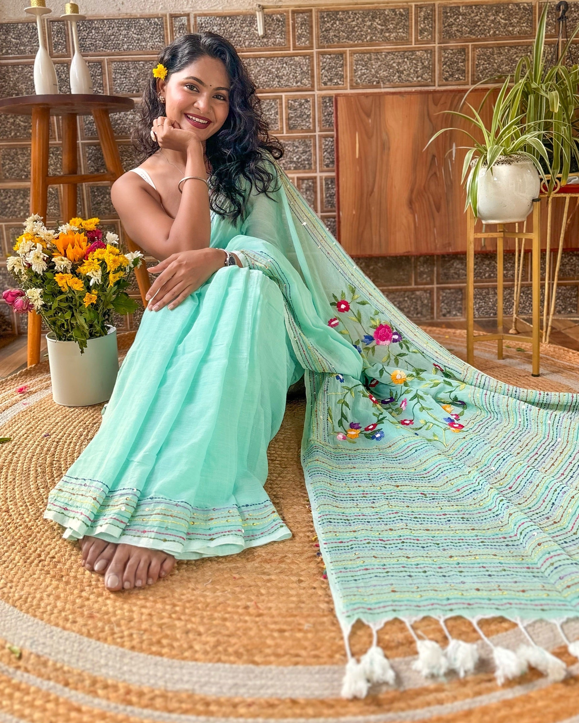 Soft green mulmul saree with delicate embroidery lightweight cotton saree