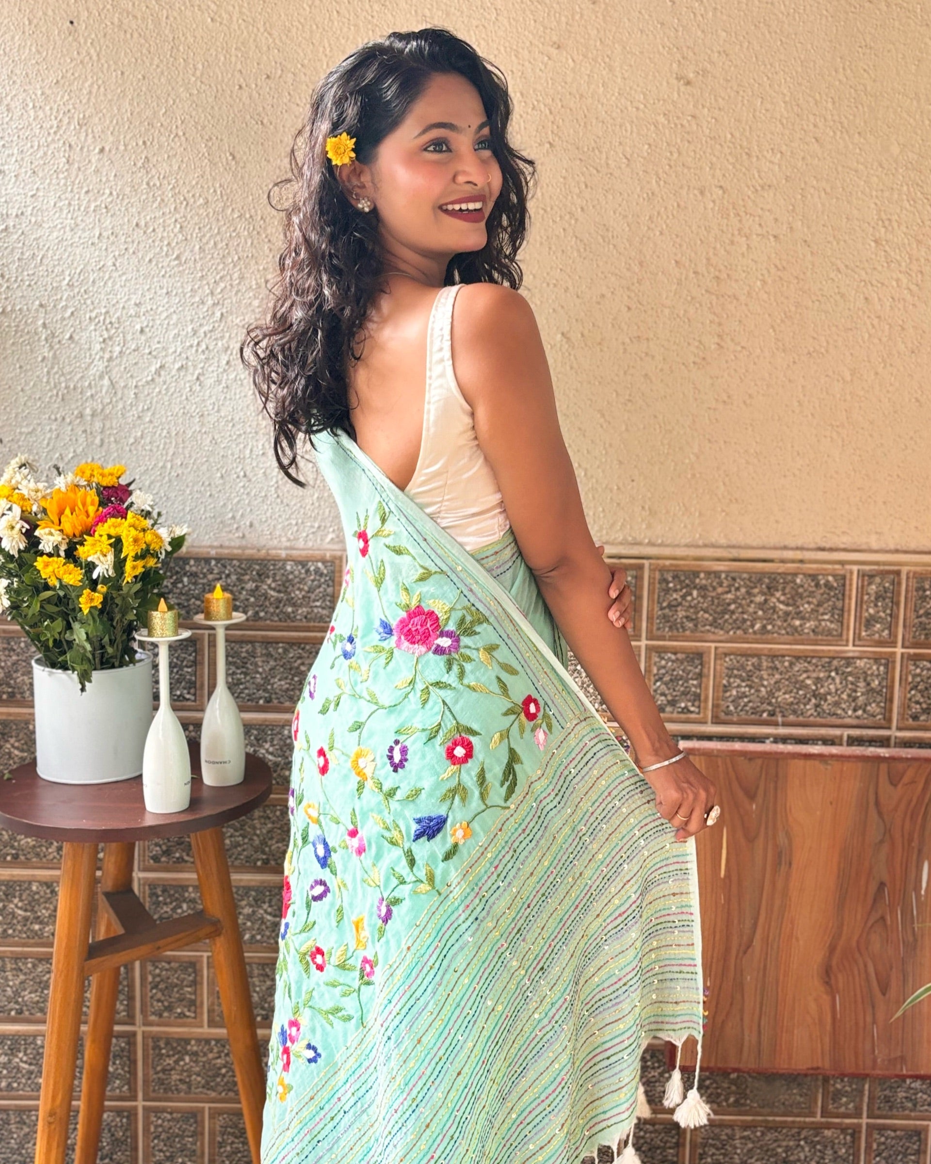 Handcrafted green mulmul cotton saree made from fine mulmul cotton, soft on skin and airy for all-day comfort