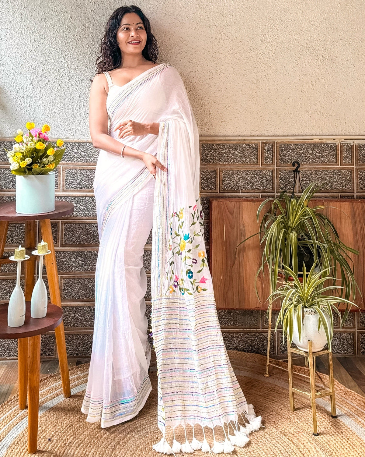 Frosted Floral Muse white embroidered saree with delicate handcrafted floral detailing