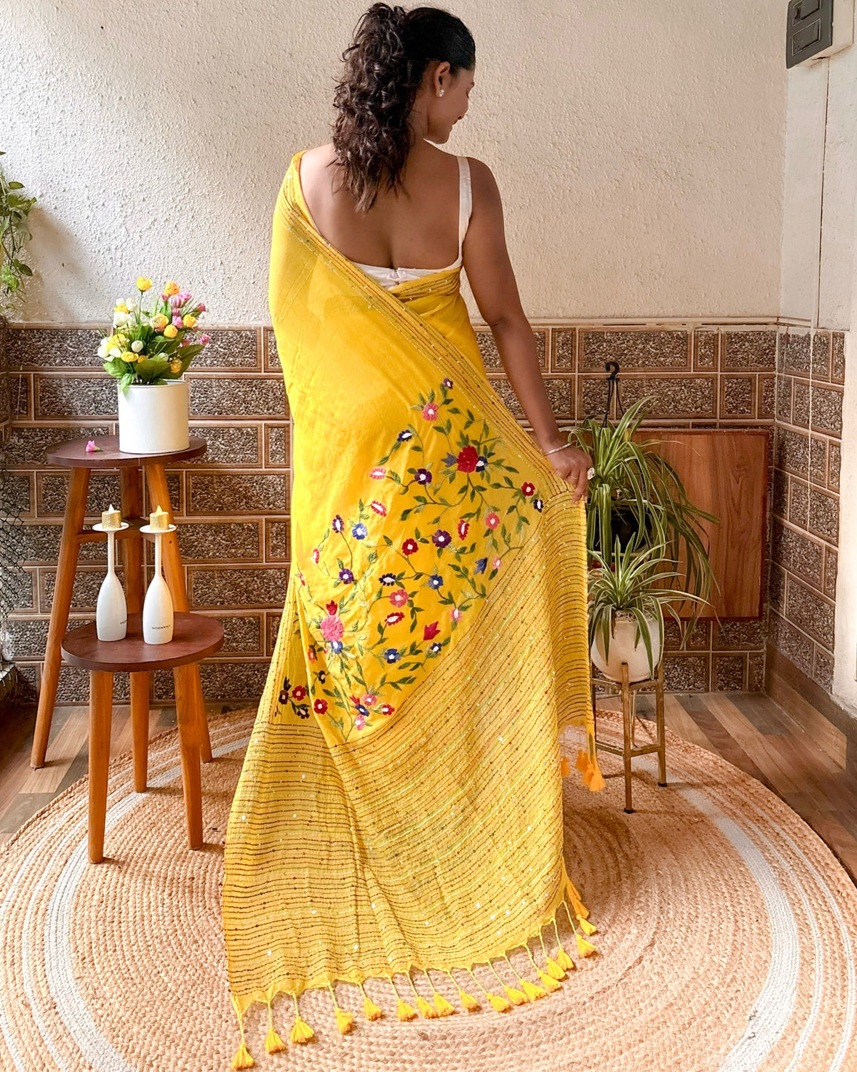 Hand embroidered yellow mulmul saree soft and easy to drape
