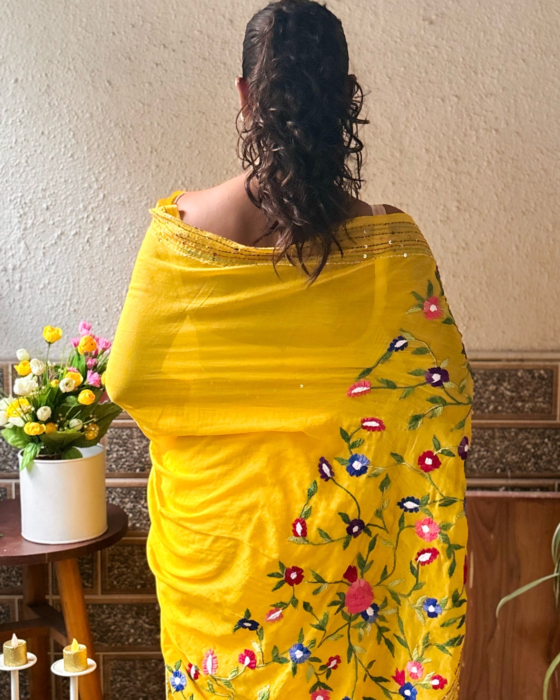 Yellow embroidered cotton saree perfect for celebrations and daily wear