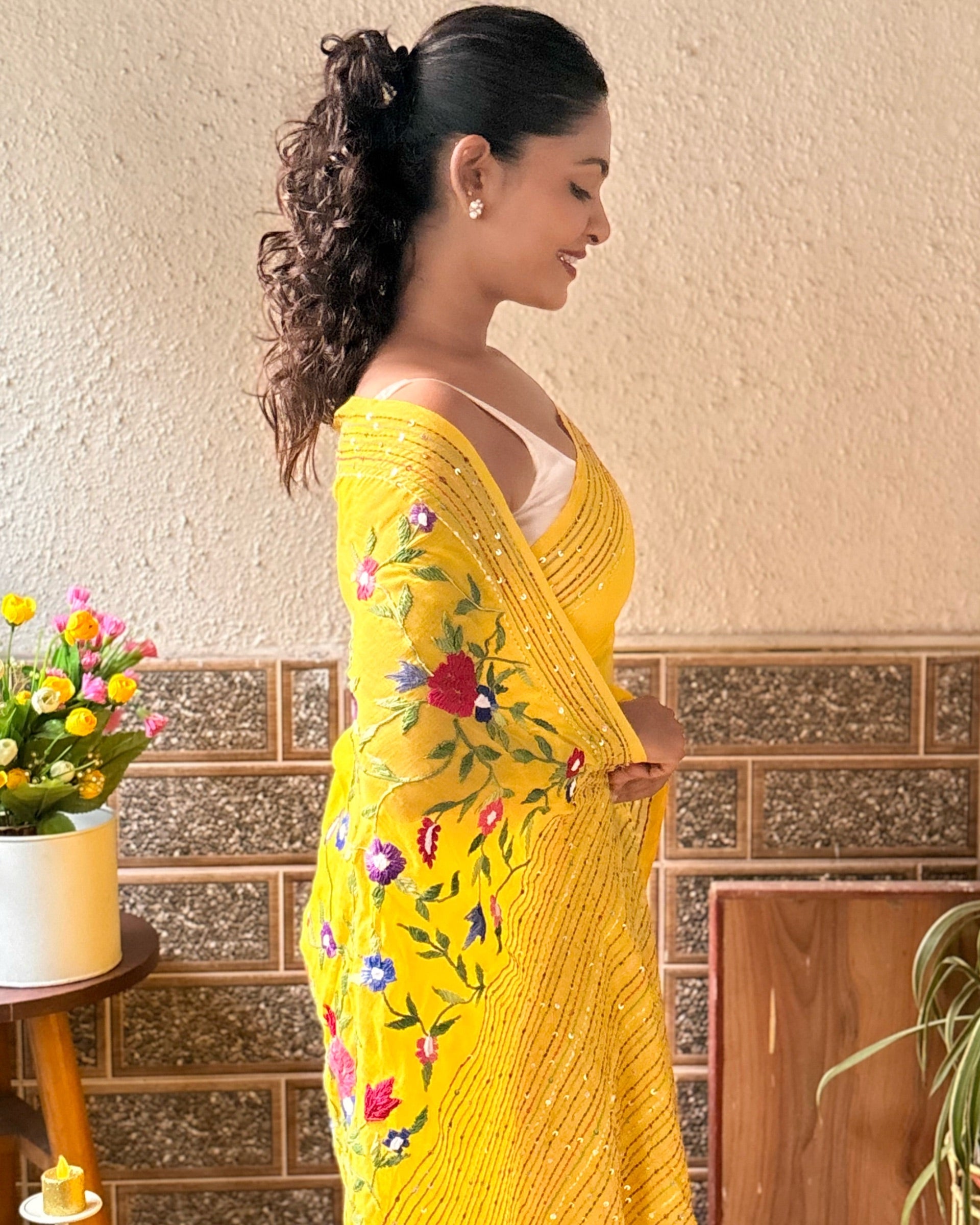 Yellow embroidered mulmul cotton saree Sunny Marigold Muse design