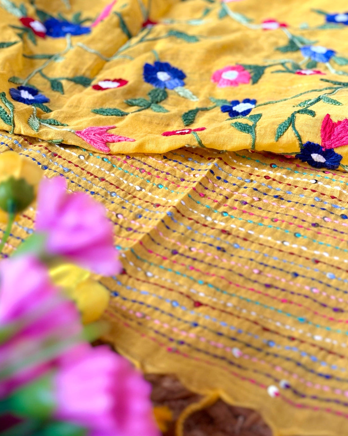 Soft mulmul cotton saree in yellow with bold handcrafted embroidery