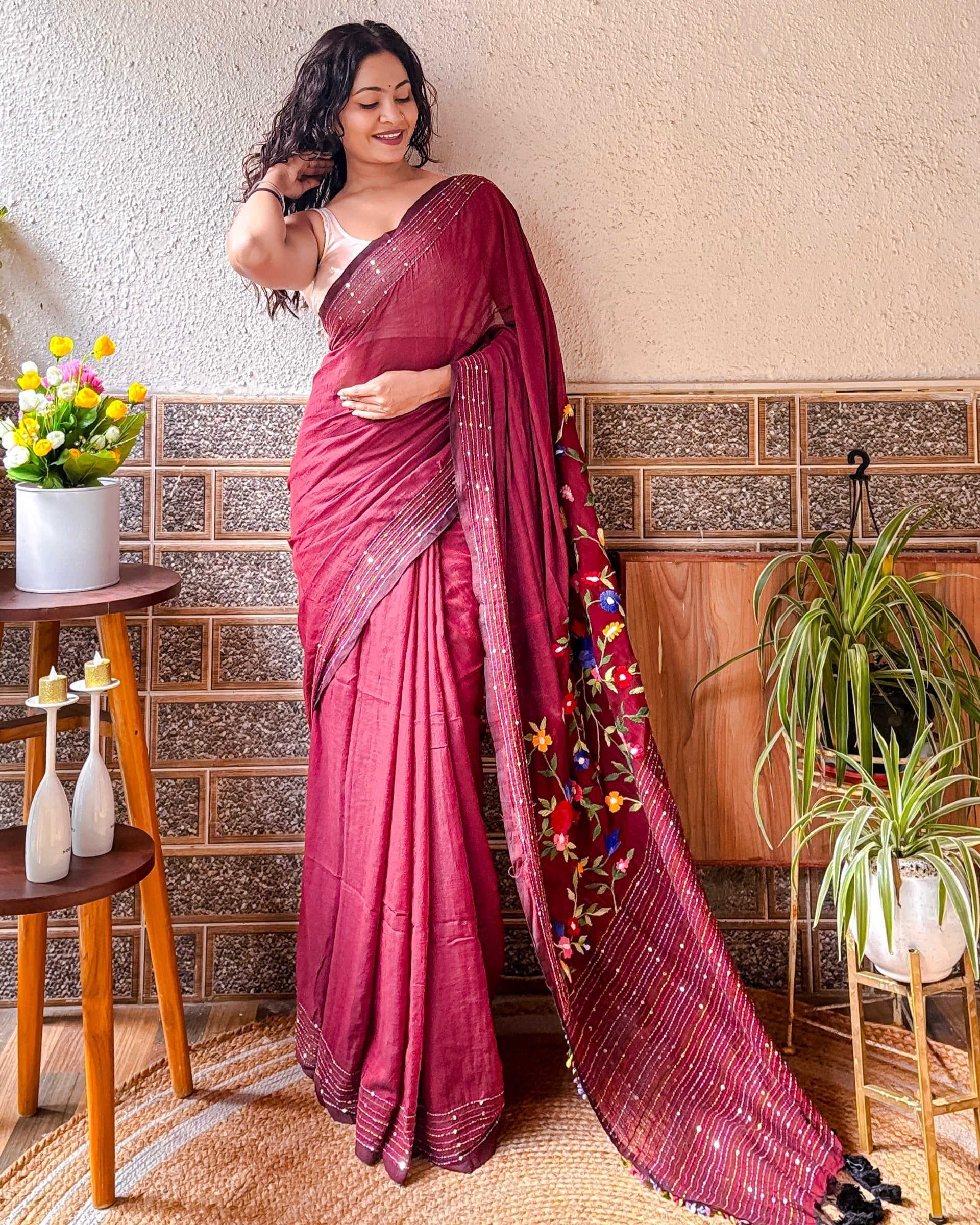 Soft and Comfortable maroon mulmul cotton saree with thread work