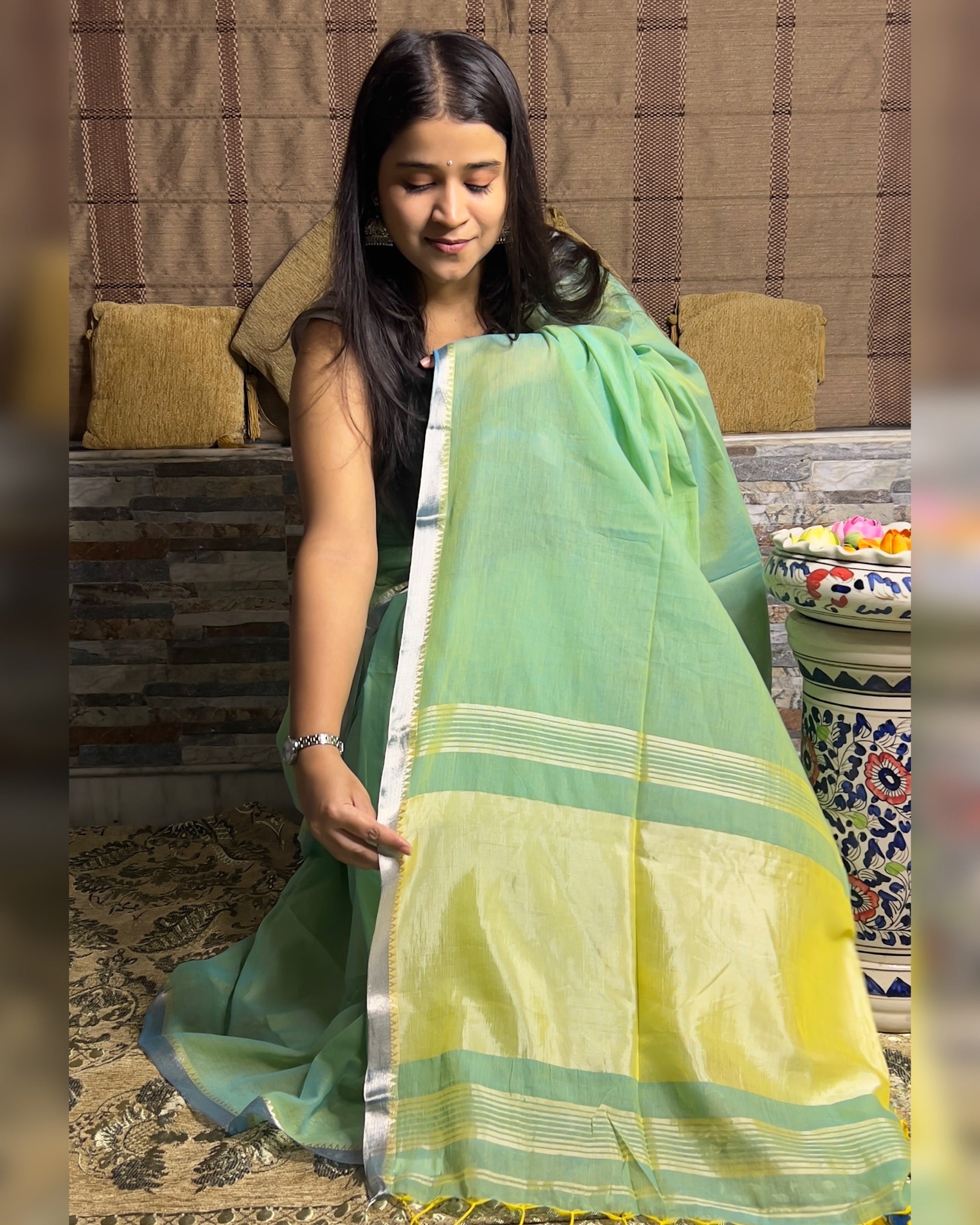 Soft dual tone green yellow mangalgiri handloom cotton Shopaame saree with zari velvet border and aanchal yellow