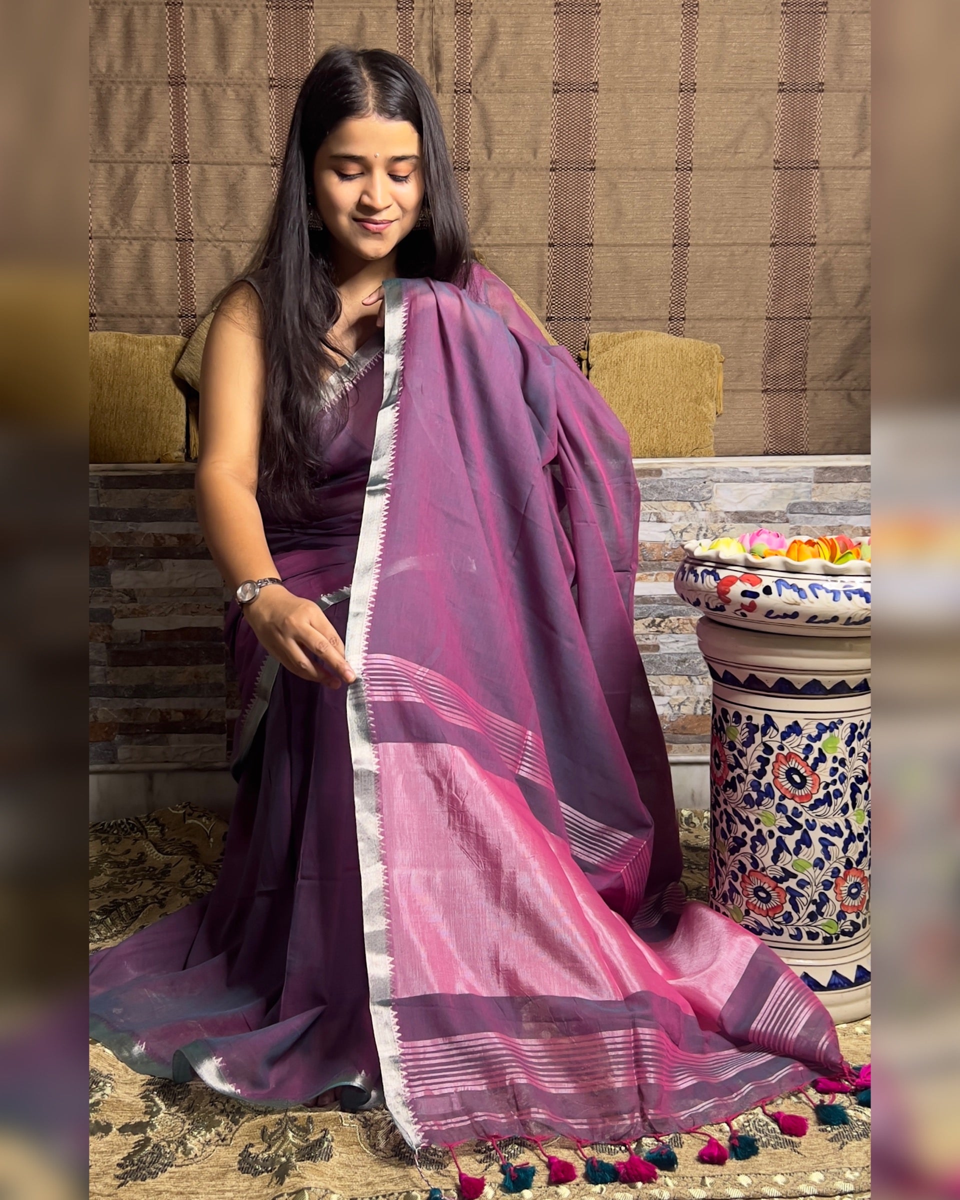 Soft and comfortable dual tone purple pink mangalgiri handloom cotton Shopaame saree named Jaamni Mor