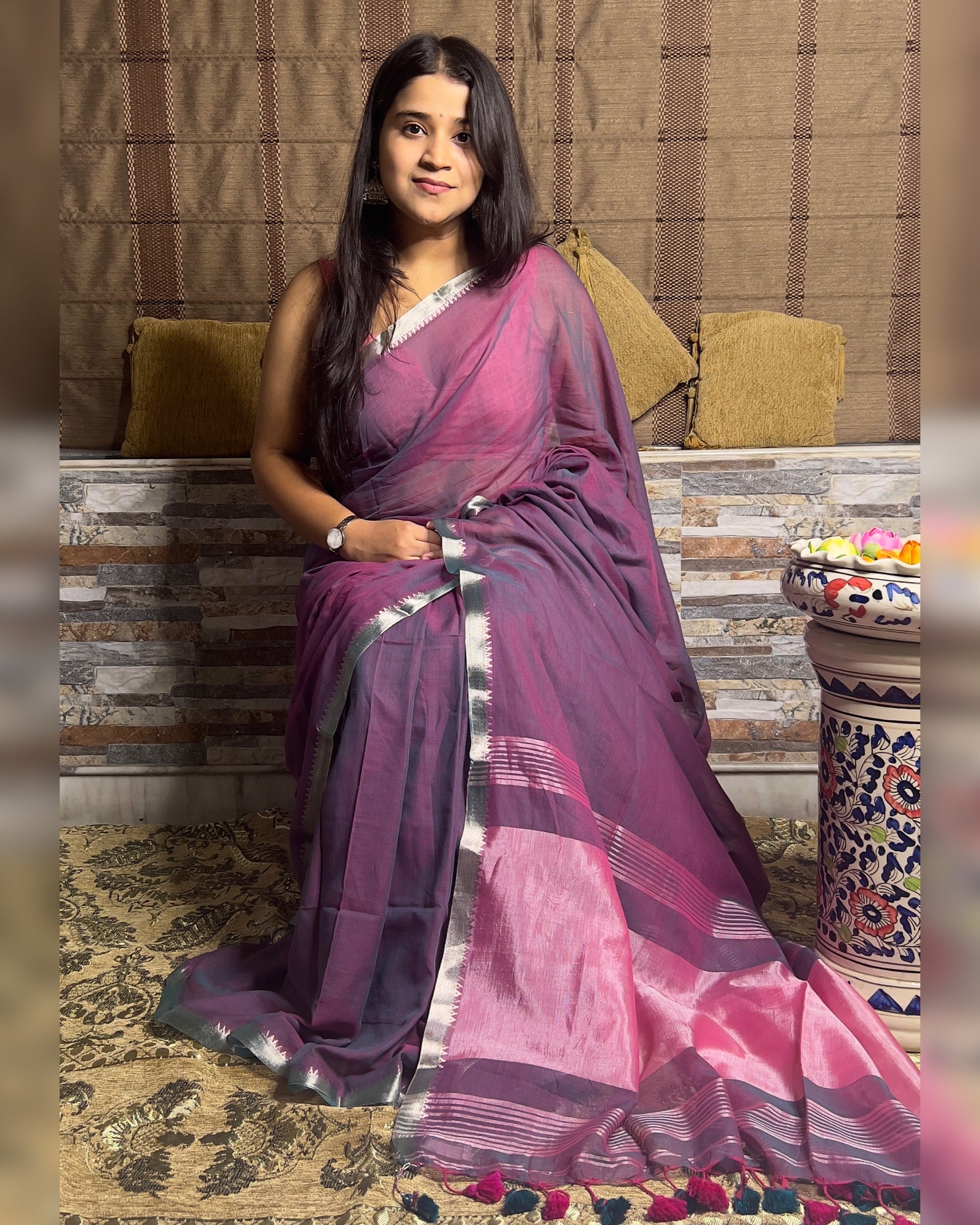 Soft and comfortable dual tone purple pink mangalgiri handloom cotton saree by Shopaame